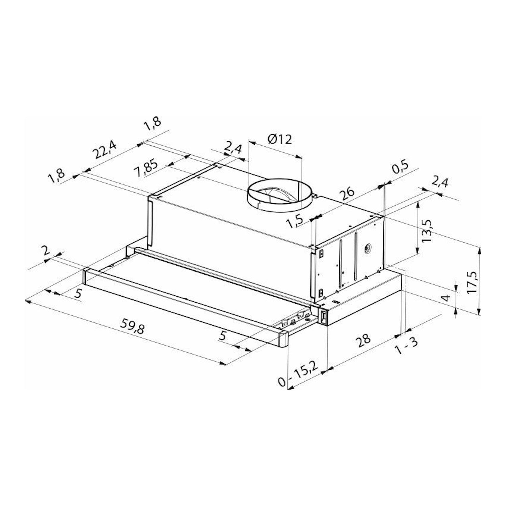 Plano técnico isométrico de la campana extraíble Mepamsa Ecoline 60 inox, con medidas.