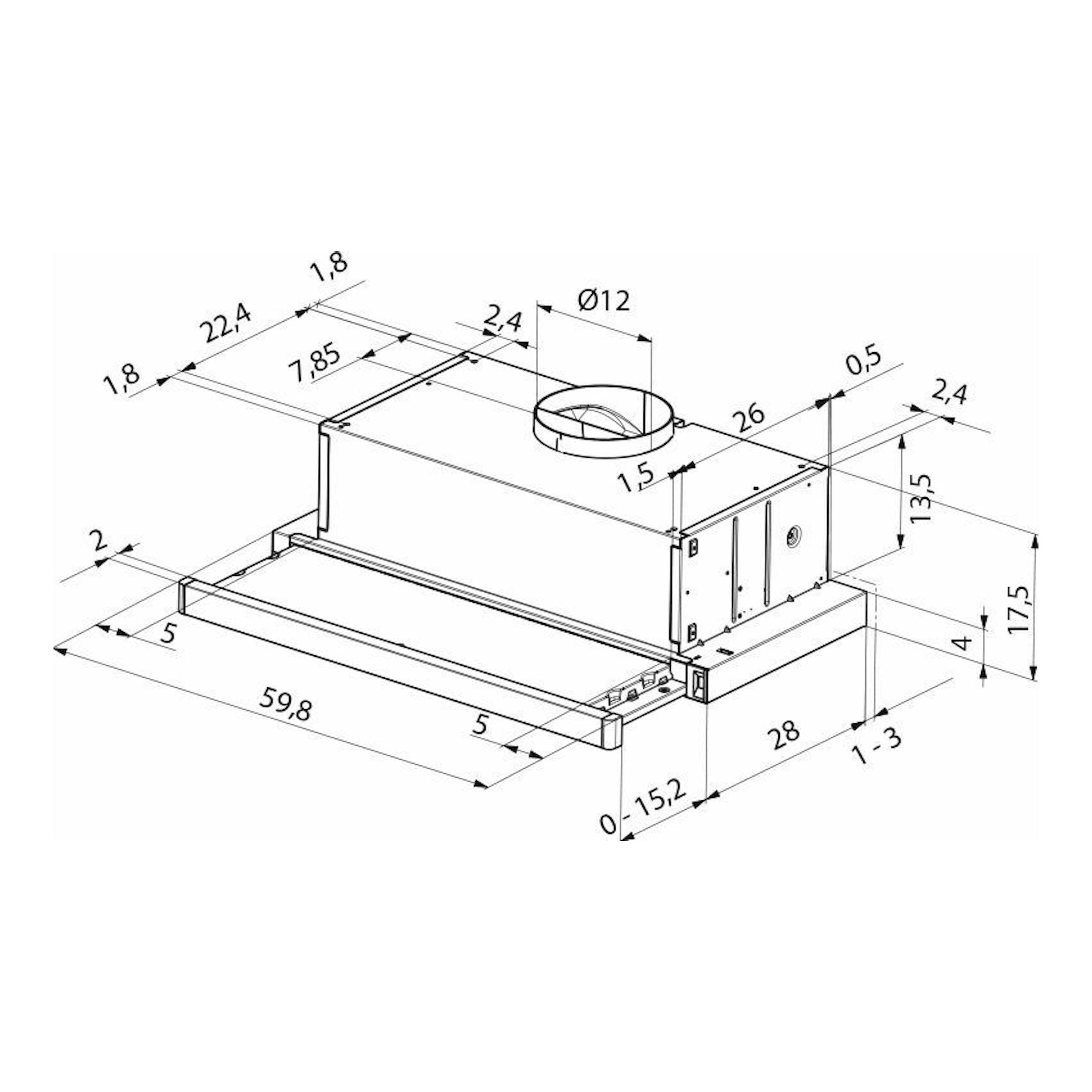 Plano técnico isométrico de la campana extraíble Mepamsa Ecoline 60 inox, con medidas.