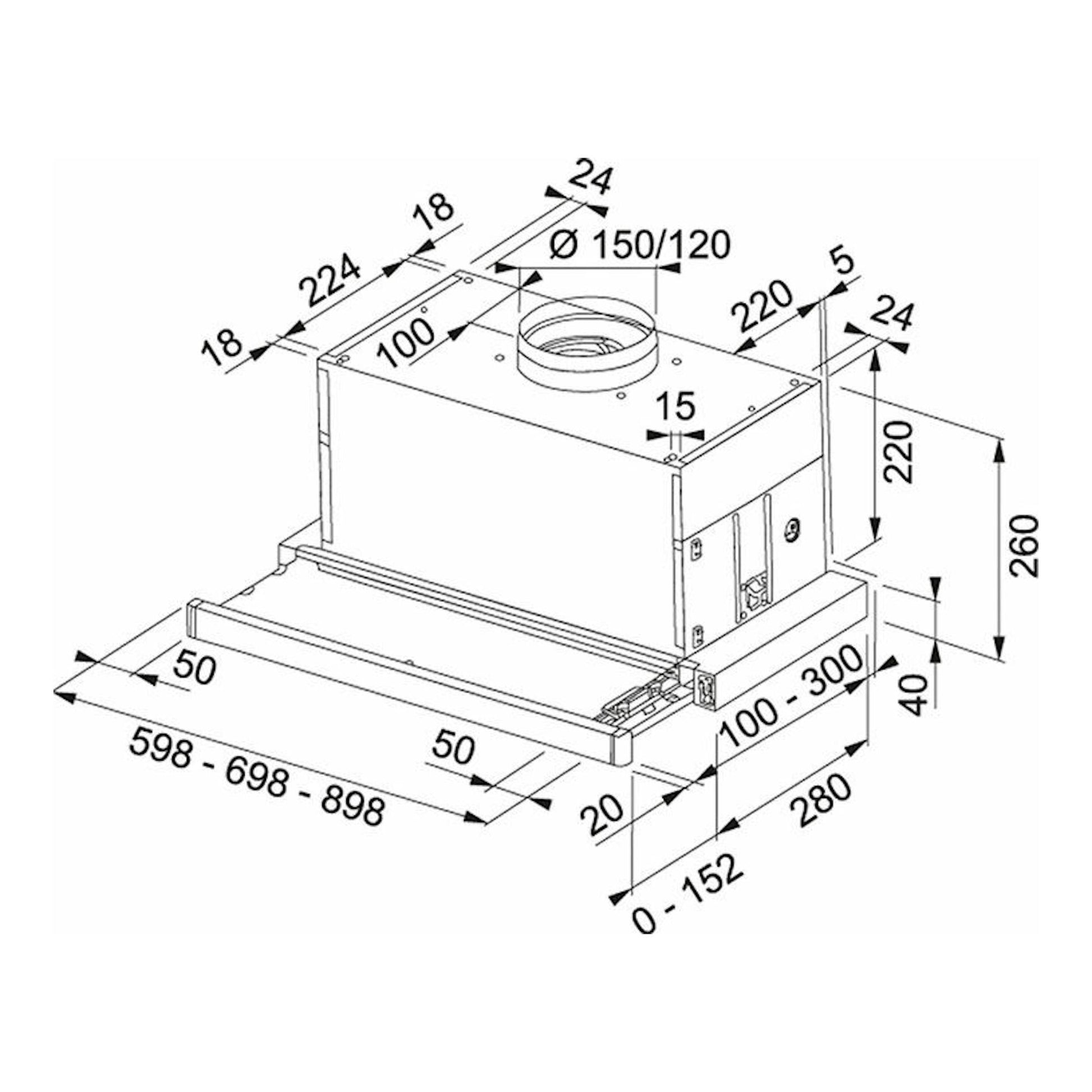 Dibujo técnico de campana extraíble Mepamsa Máxima 60 inox, con vista frontal y lateral y cotas.