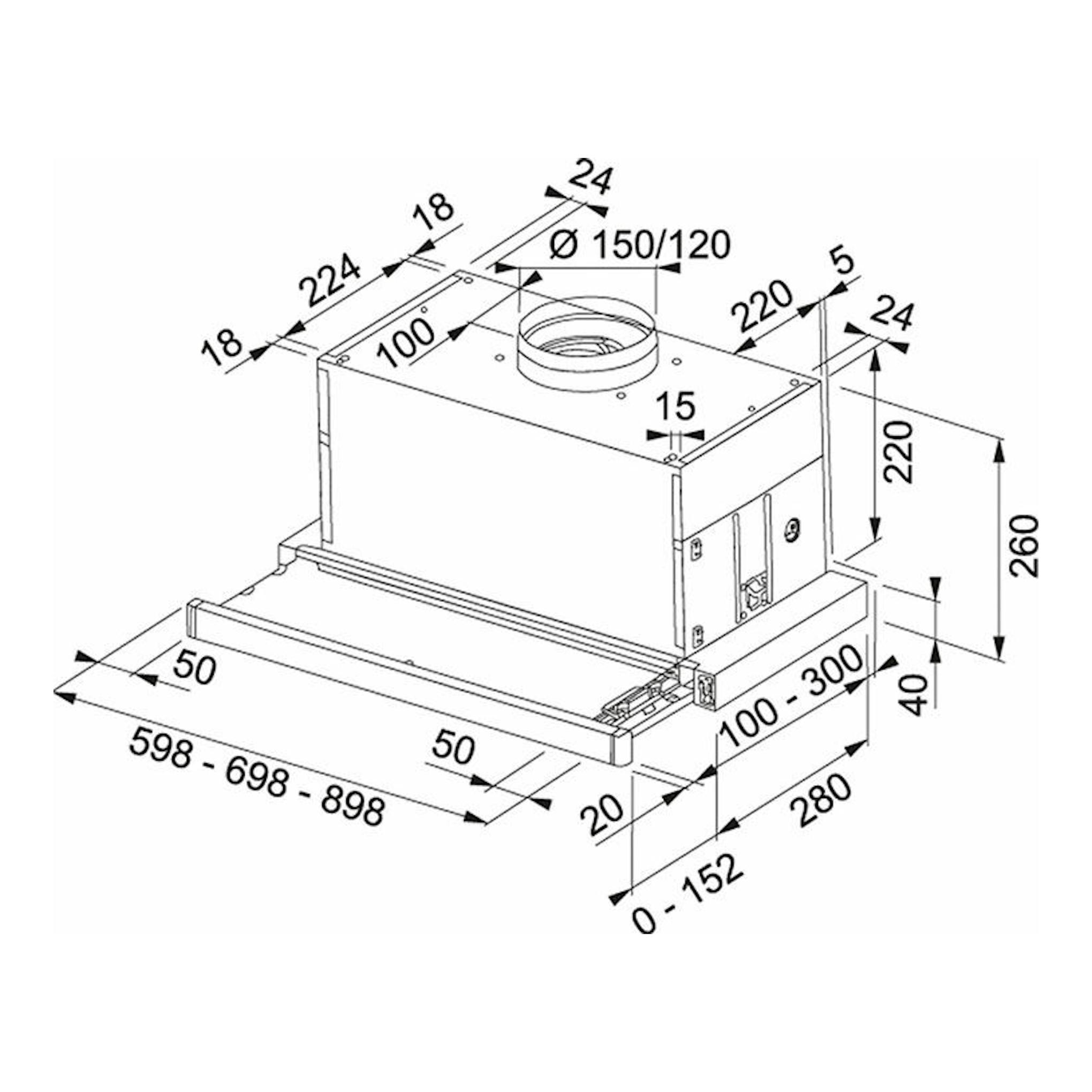 Dibujo técnico de campana extraíble Mepamsa Máxima 60 inox, con vista frontal y lateral y cotas.