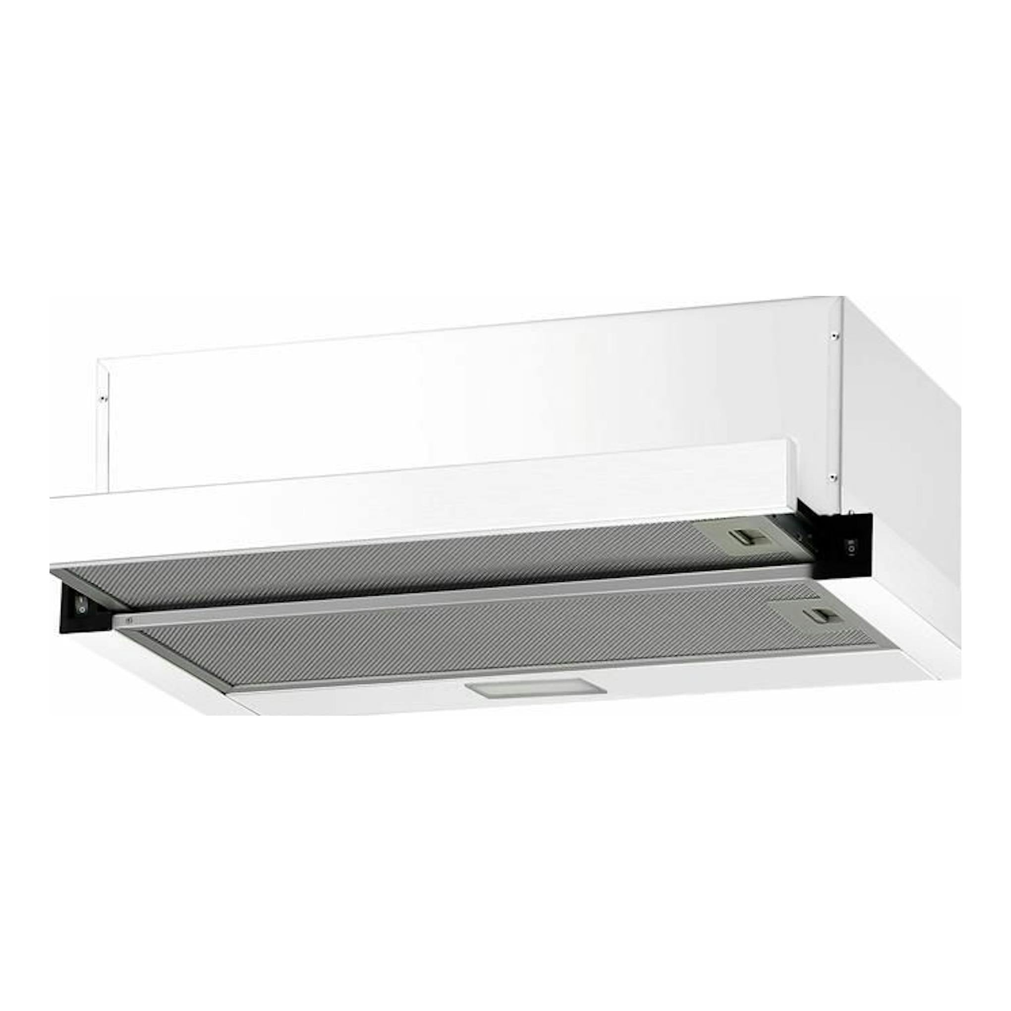 Campana extractora extraíble Mepamsa Slimline 60 blanca, vista frontal en ángulo, con filtros metálicos visibles.