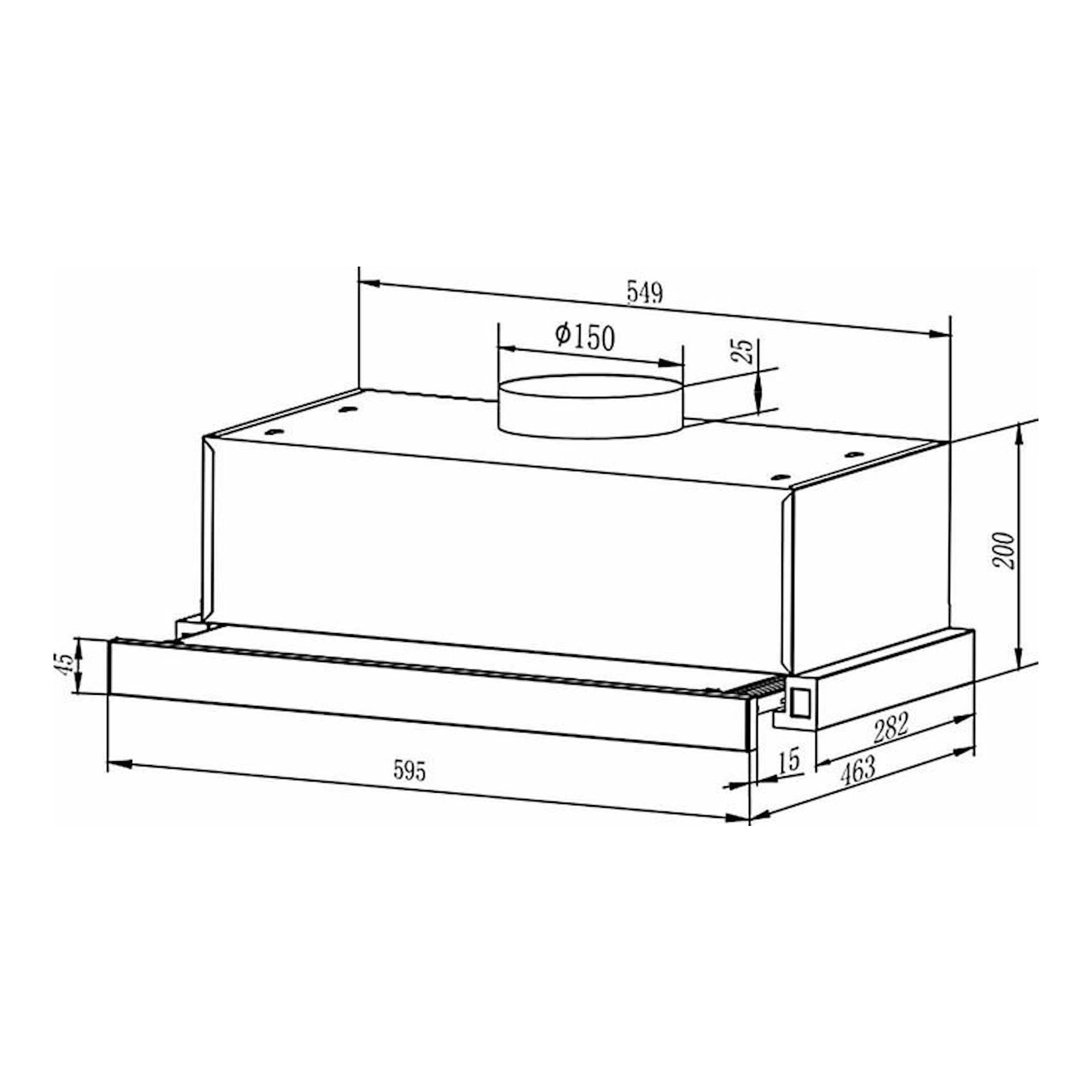 Dibujo técnico de la campana extraíble Mepamsa SLIMLINE 60 blanca, vista frontal y lateral con medidas.