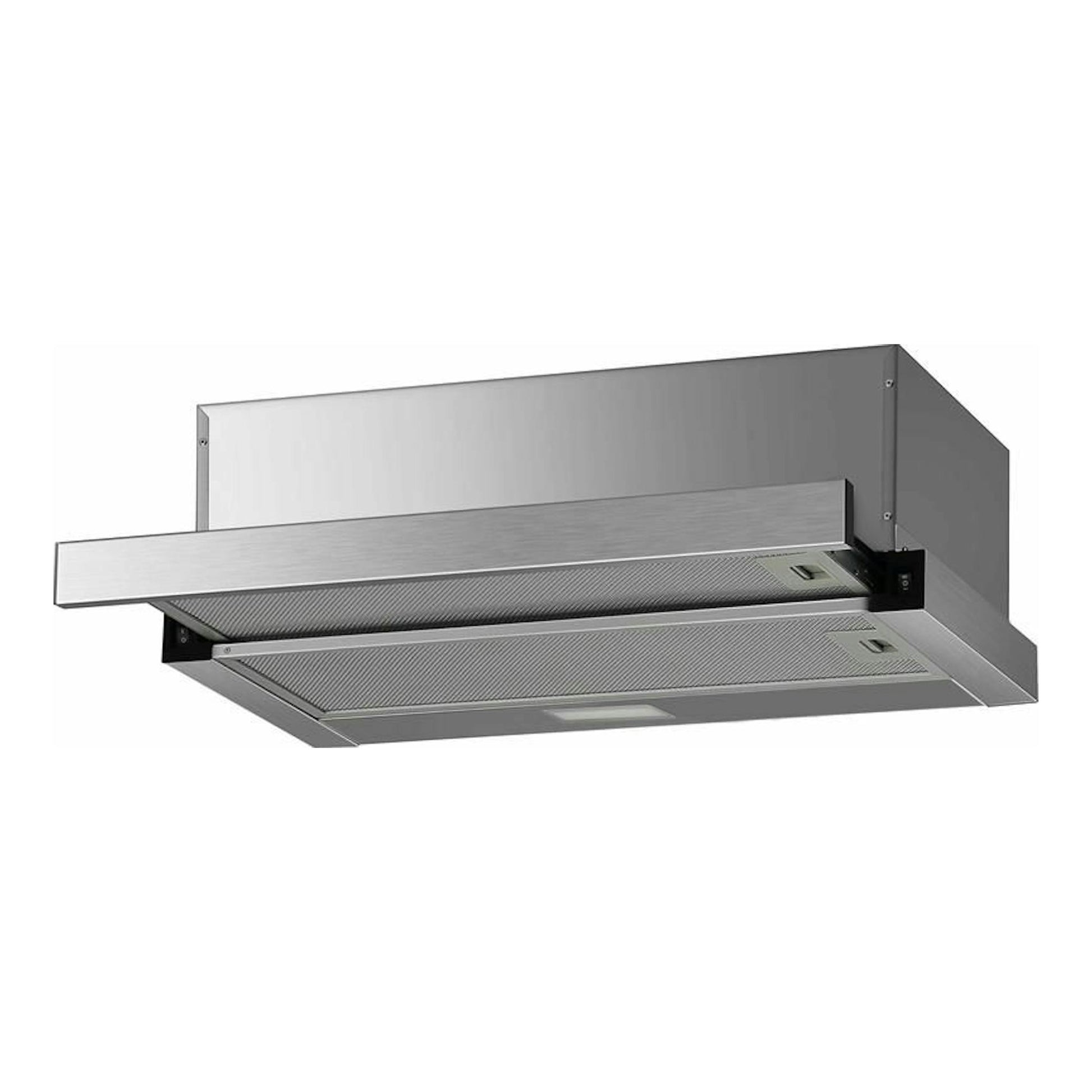 Campana extraíble Mepamsa SLIMLINE 60 X inox, vista frontal inferior, con panel retráctil abierto.