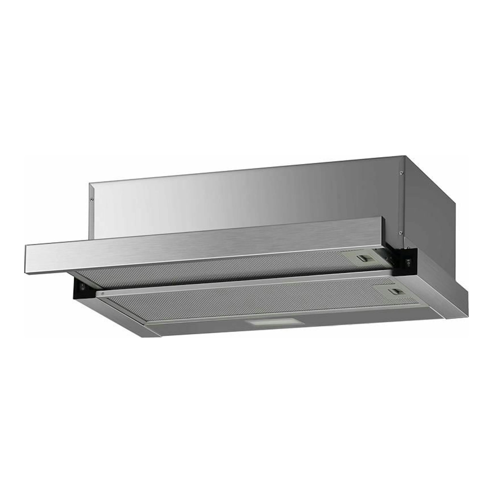 Campana extraíble Mepamsa SLIMLINE 60 X inox, vista frontal inferior, con panel retráctil abierto.