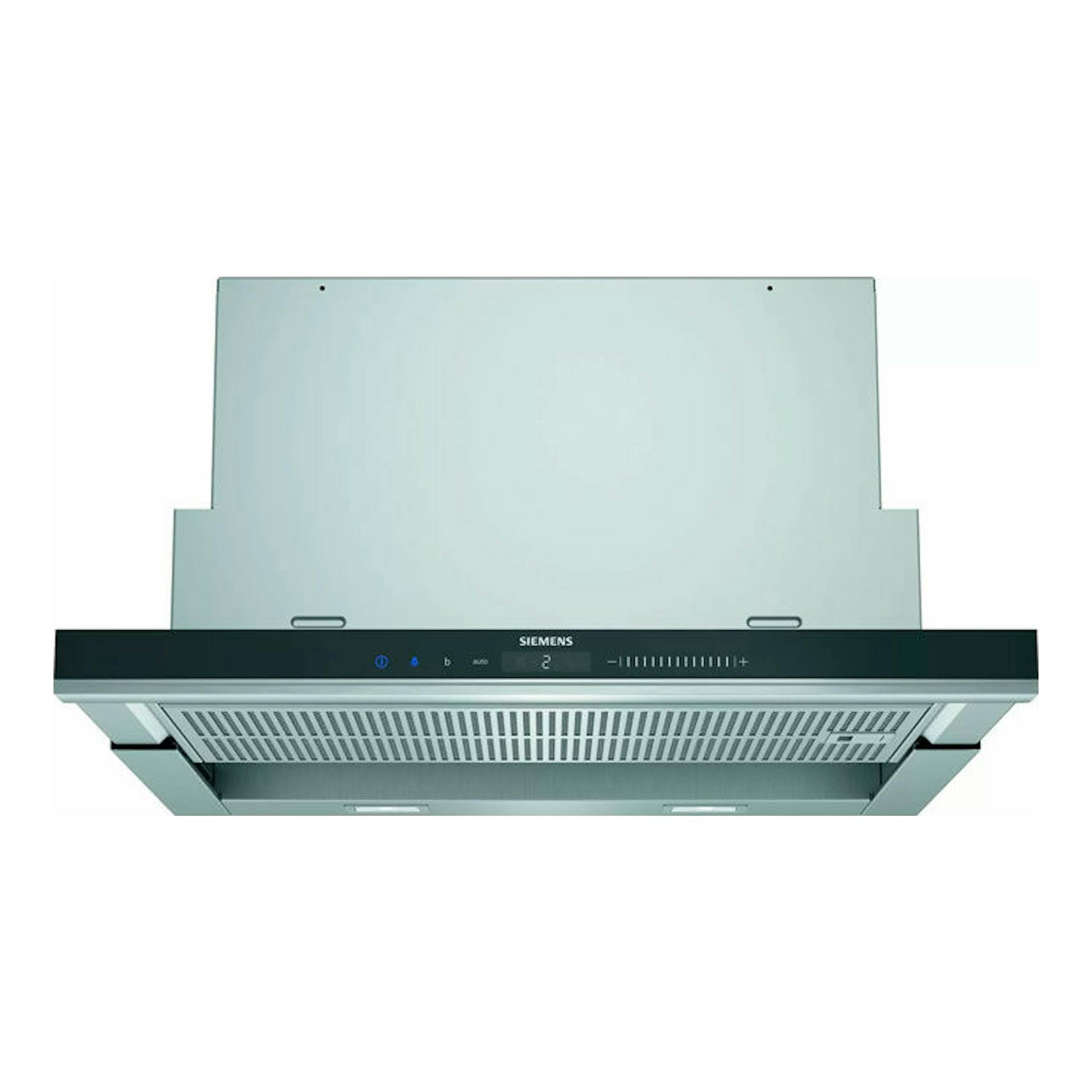 Campana extraíble Siemens LI69SA684 inox, vista frontal con panel negro y mandos táctiles.
