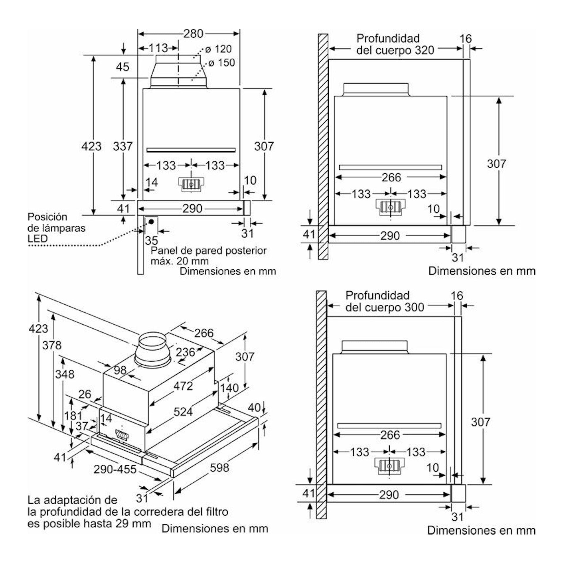 Diagrama técnico de campana extractible Siemens LI69SA684 inox, vistas frontal y lateral con medidas.
