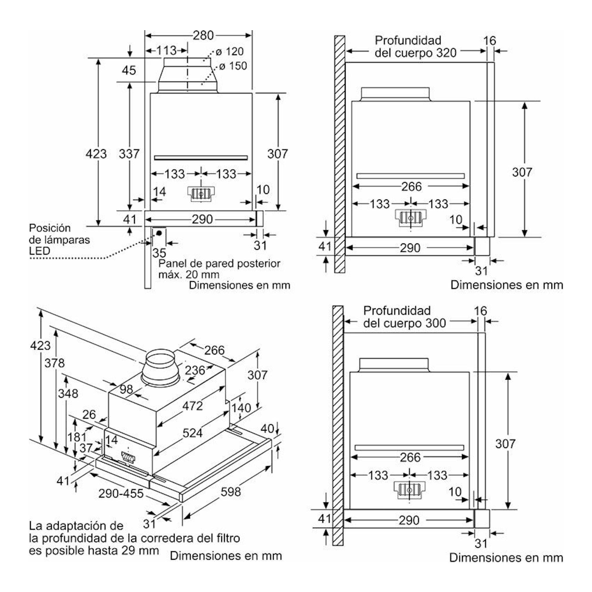 Diagrama técnico de campana extractible Siemens LI69SA684 inox, vistas frontal y lateral con medidas.