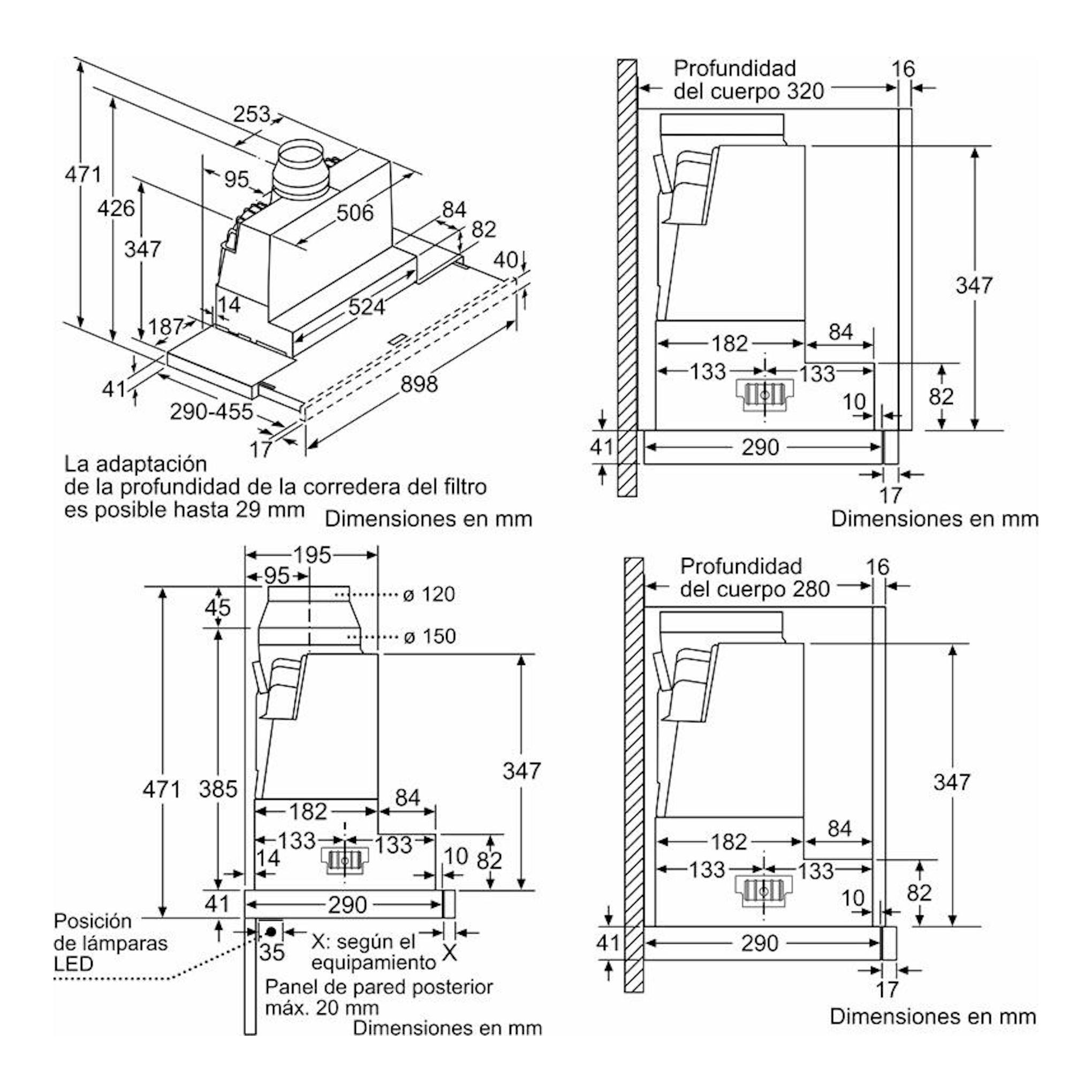 Esquema técnico de campana extraíble Siemens LI97SA531 Inox, vistas lateral e isométrica con medidas en mm.