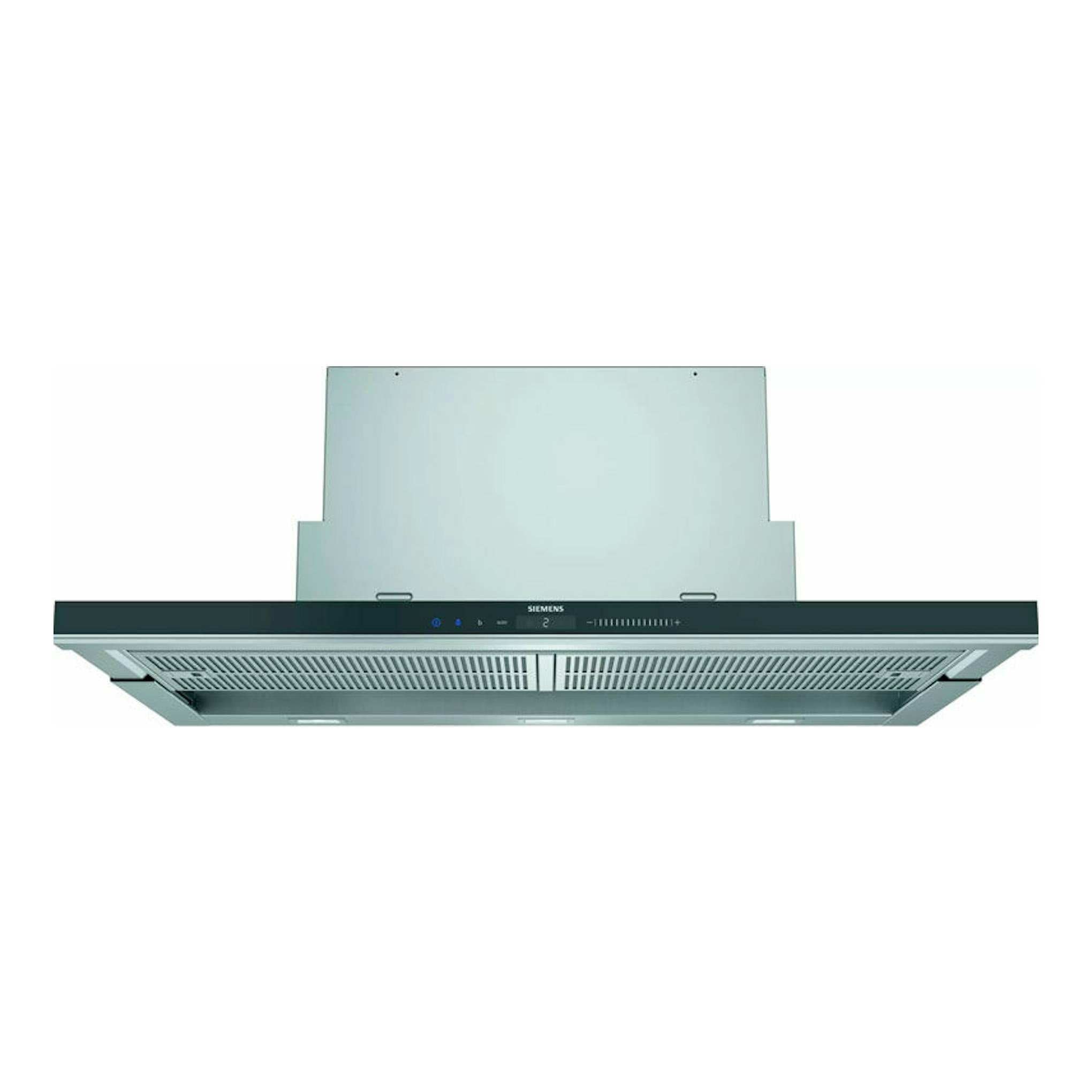 Campana extraíble Siemens LI99SA684 en inox, vista frontal, con panel de control y filtros visibles.
