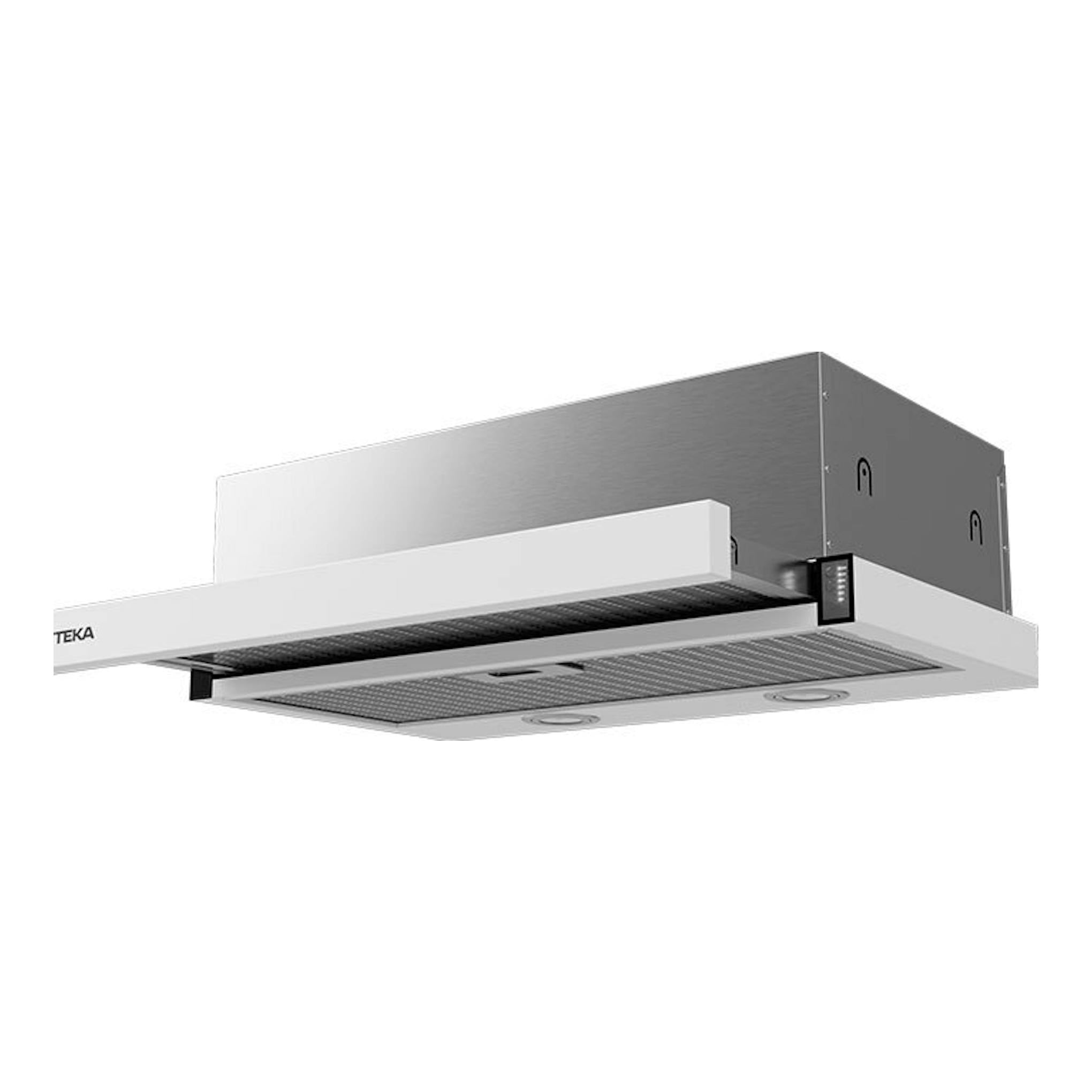 Campana extraíble Teka CNL 6415 blanca, vista en ángulo frontal con panel telescópico extendido.