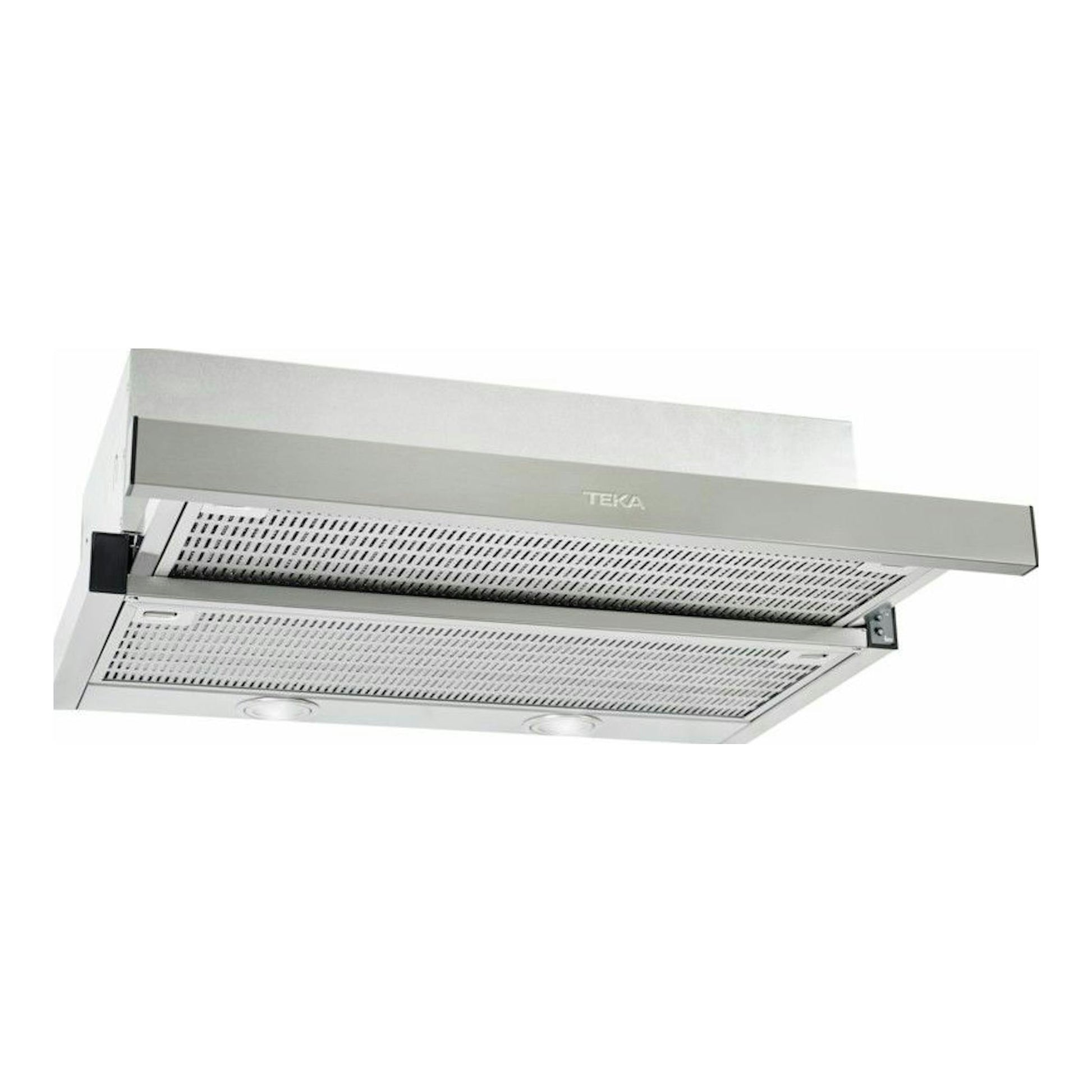 Campana extraíble Teka CNL 6415 inox, vista inferior en ángulo con el panel frontal desplegado.