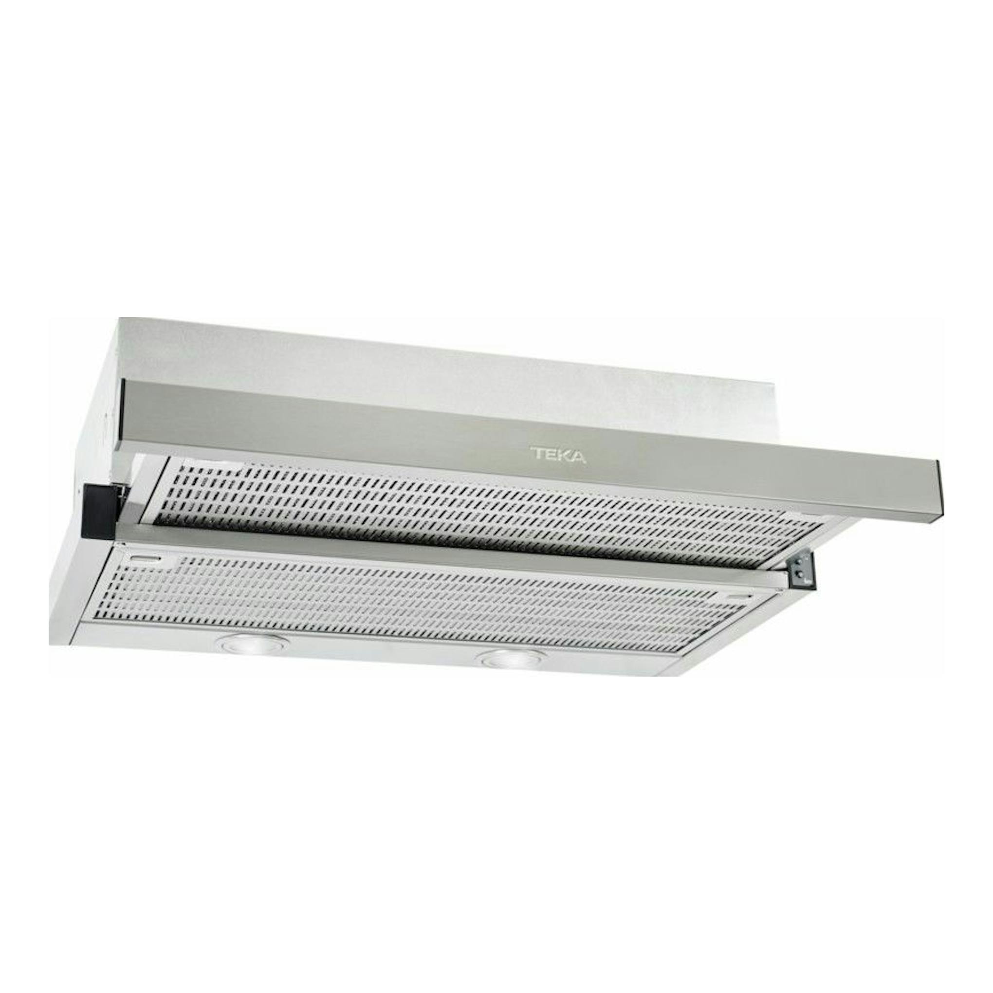 Campana extraíble Teka CNL 6415 inox, vista inferior en ángulo con el panel frontal desplegado.