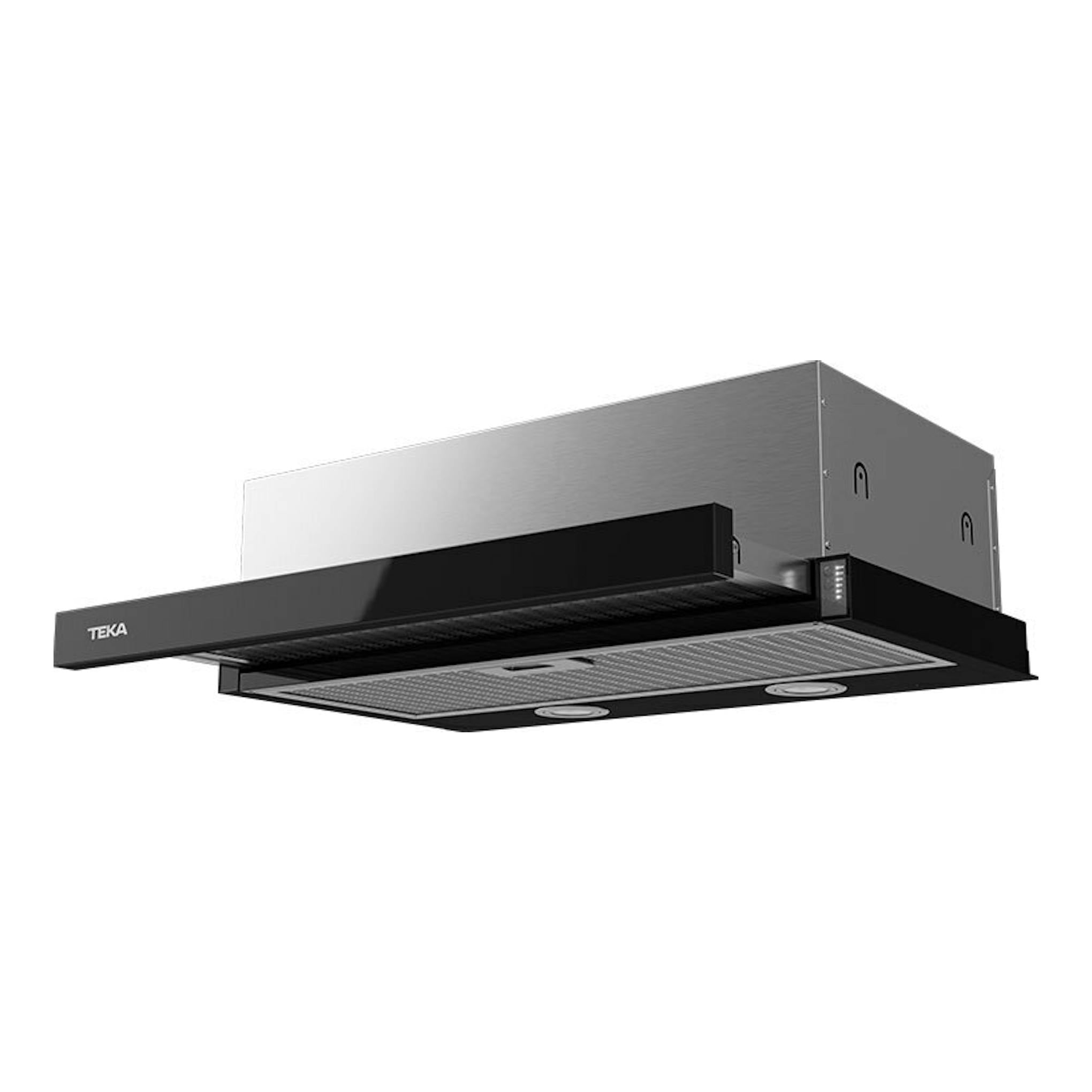 Campana extraíble Teka CNL 6415 negra, vista inferior y frontal en ángulo.