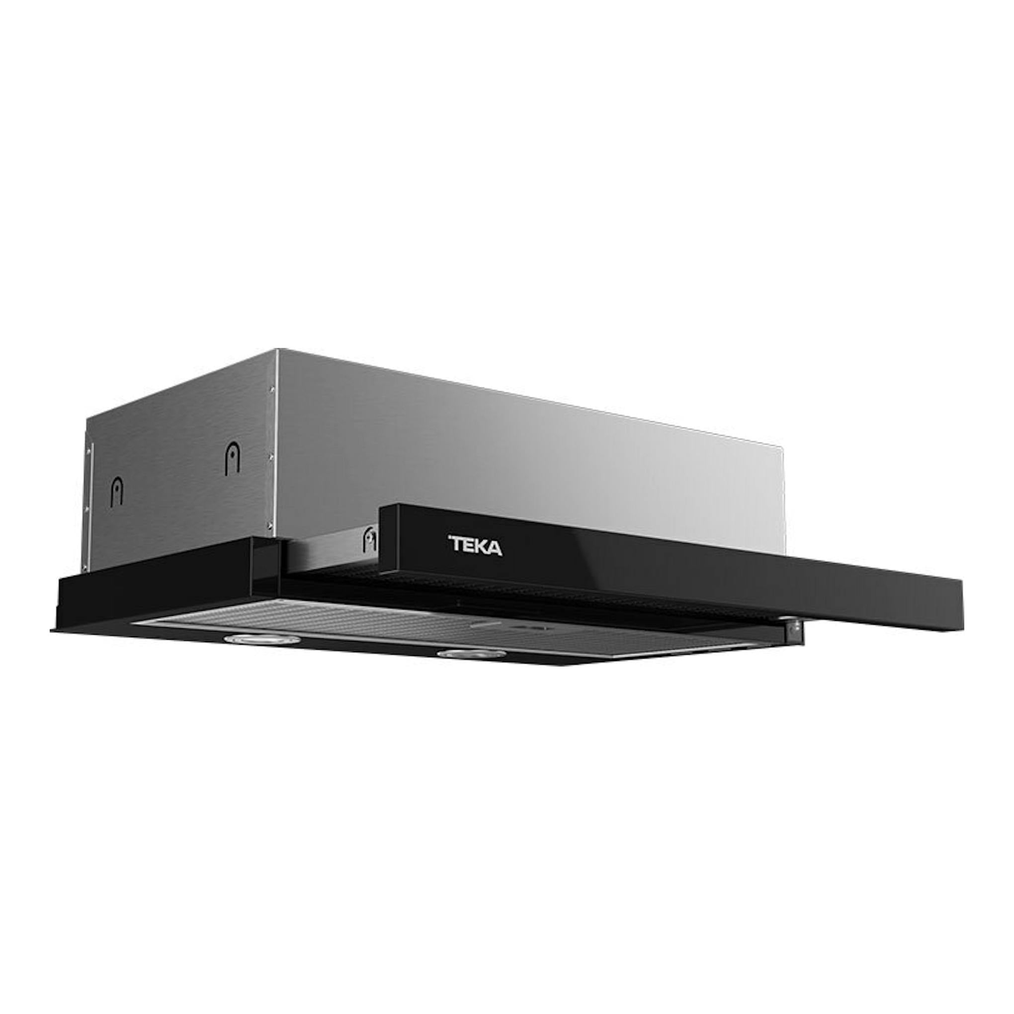 Campana extraíble Teka CNL 6415 negra, vista frontal inferior con cuerpo metálico y panel negro.
