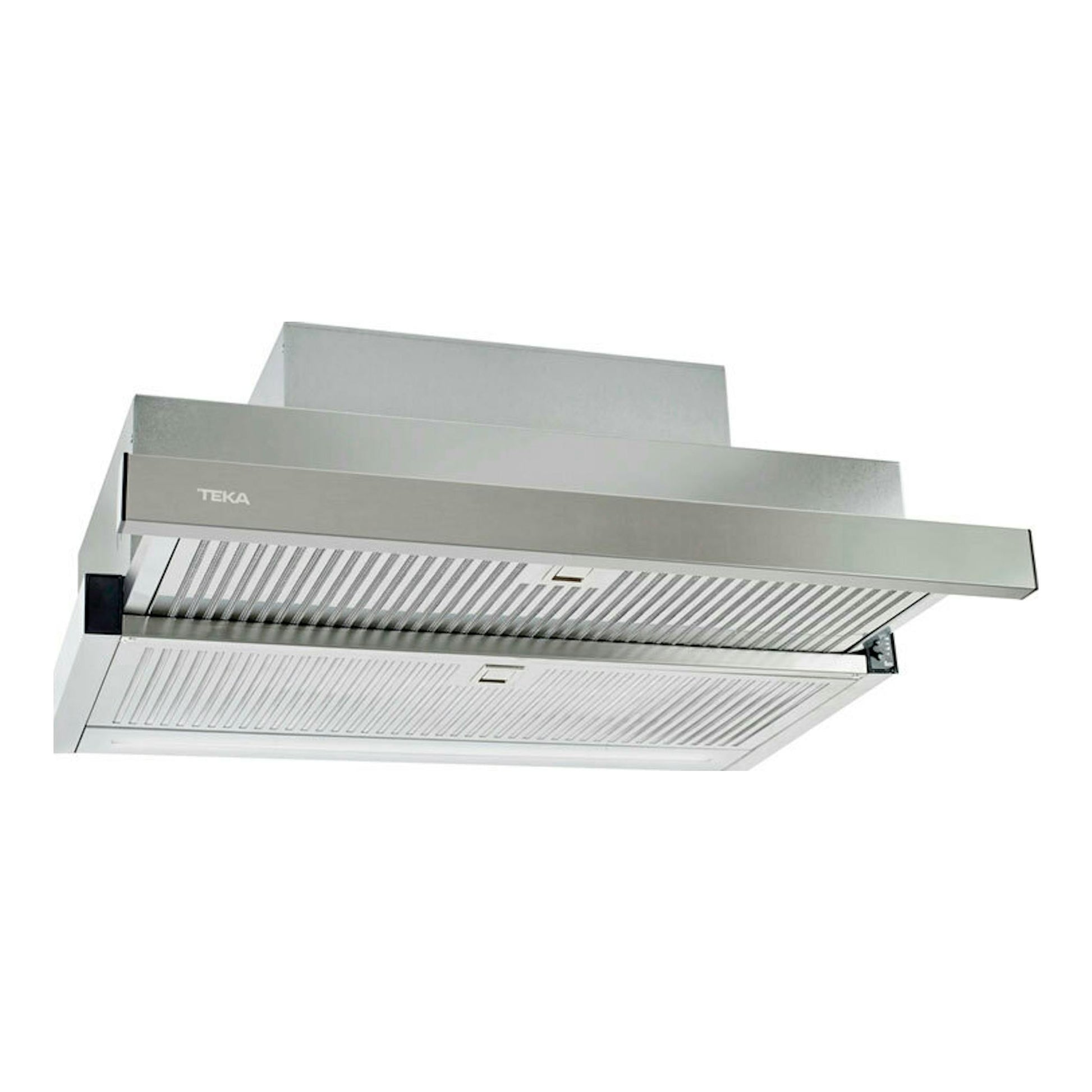 Campana extraíble Teka CNL 6815 PLUS inox, vista inferior en ángulo, con panel frontal extendido.