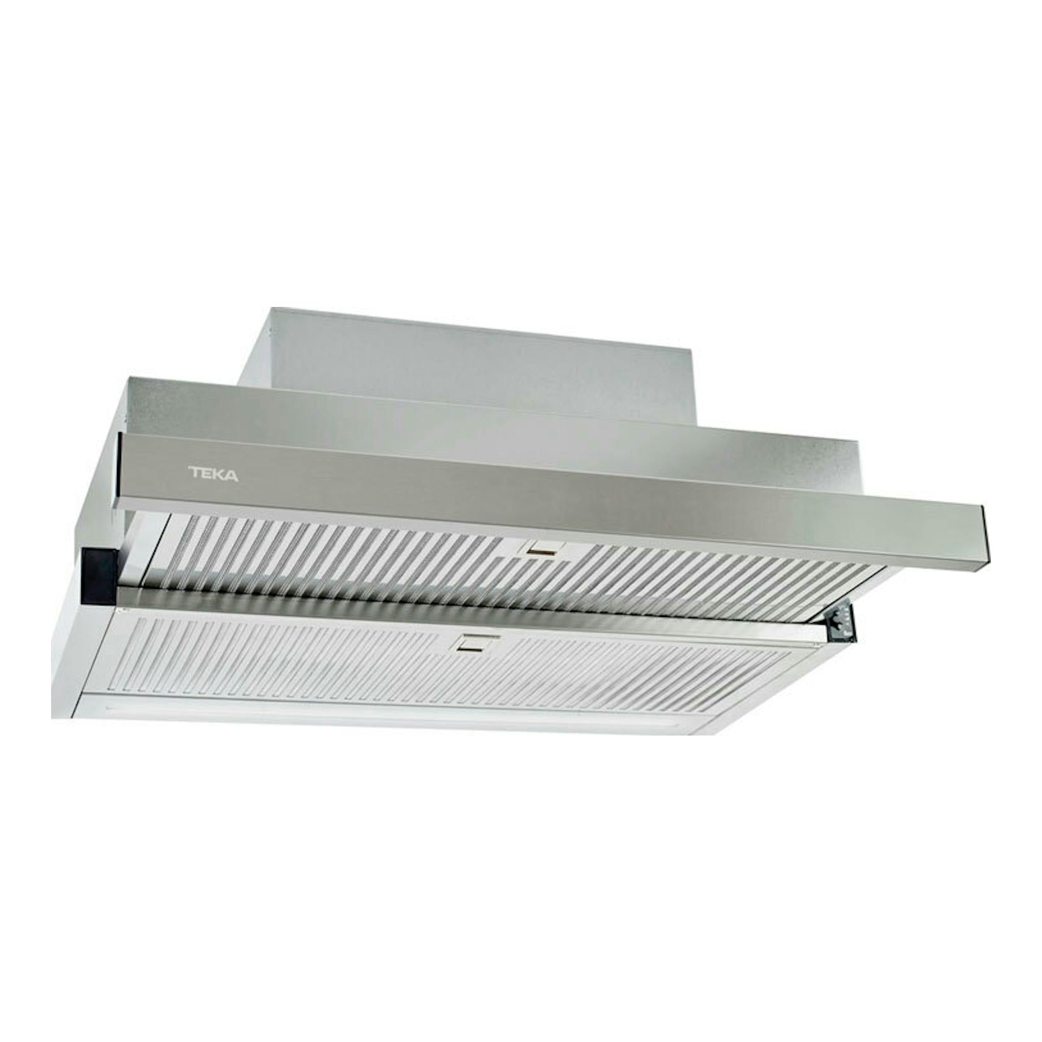 Campana extraíble Teka CNL 6815 PLUS inox, vista inferior en ángulo, con panel frontal extendido.