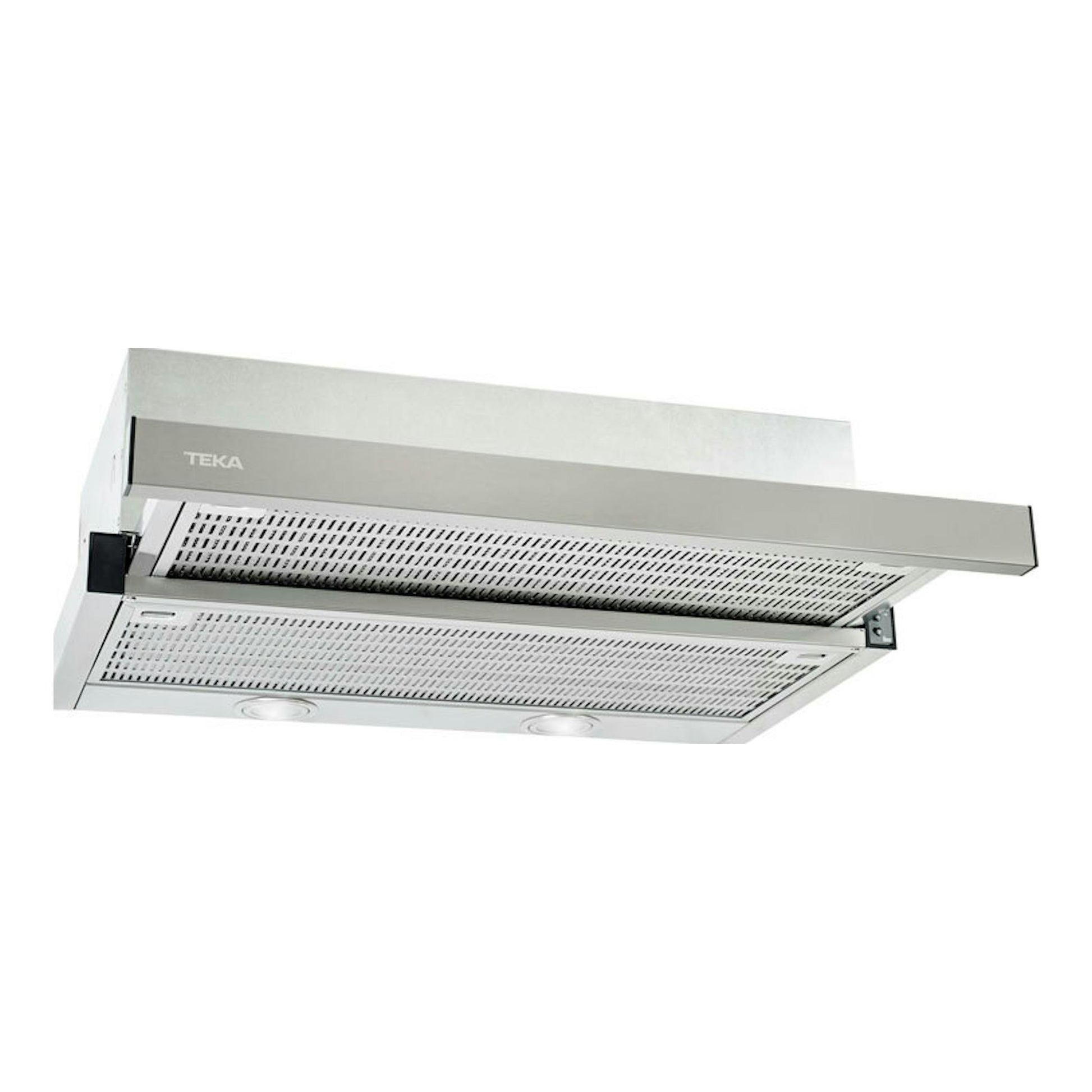 Campana extraíble Teka CNL6400.2 IX en acero inoxidable, vista frontal e inferior parcialmente desplegada.