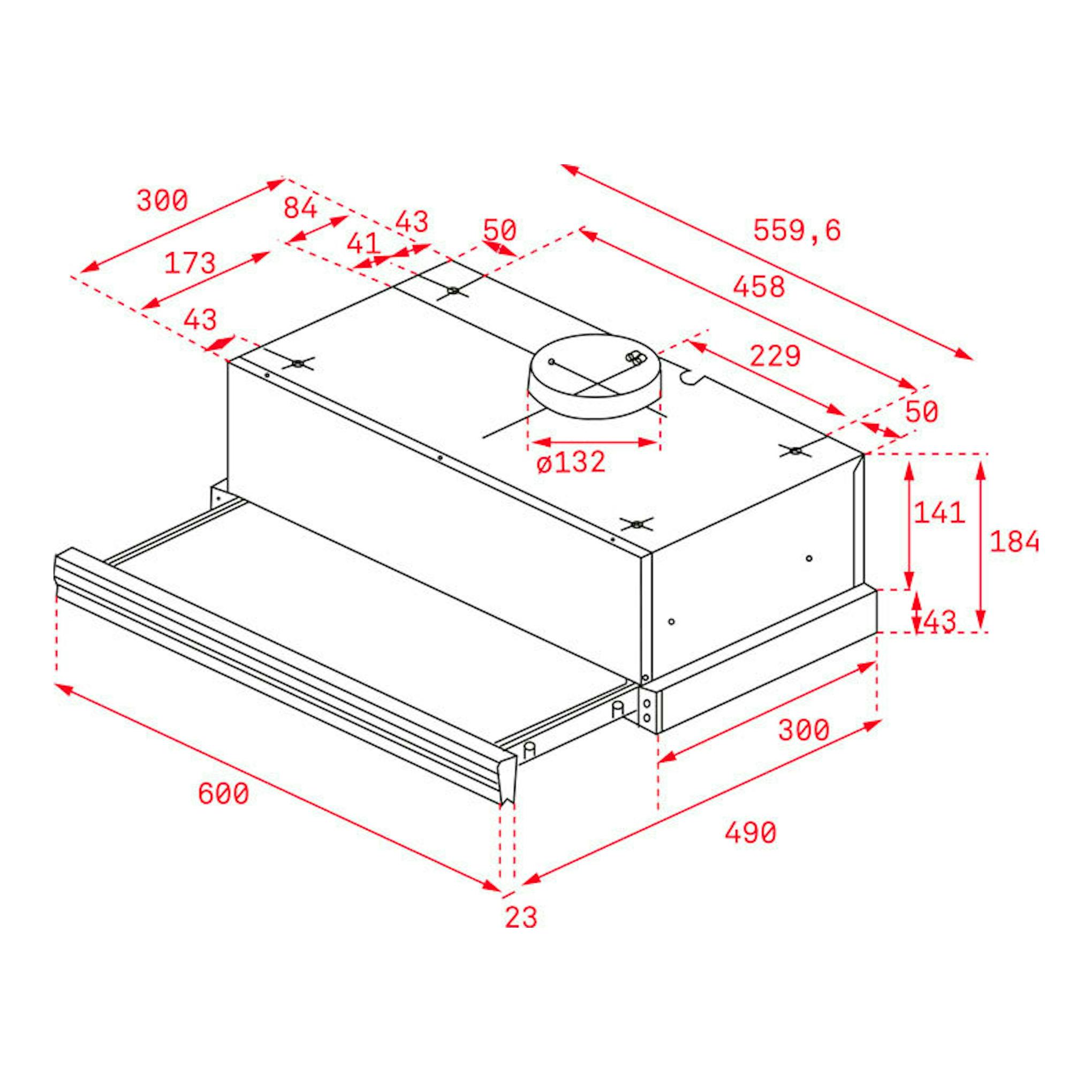 Teka CNL6400.2 WH, campana extractora extraíble blanca en vista isométrica con cotas.