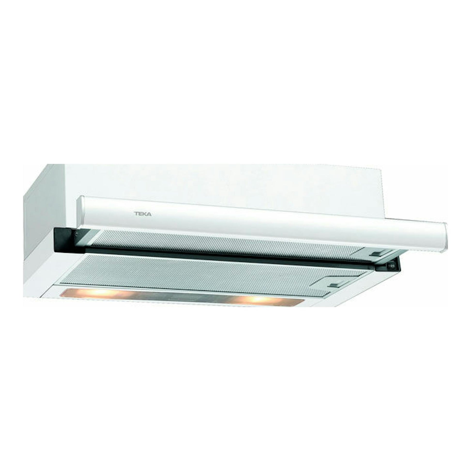 Campana extraíble Teka TL 6310 blanca, vista inferior en ángulo, con luz encendida.
