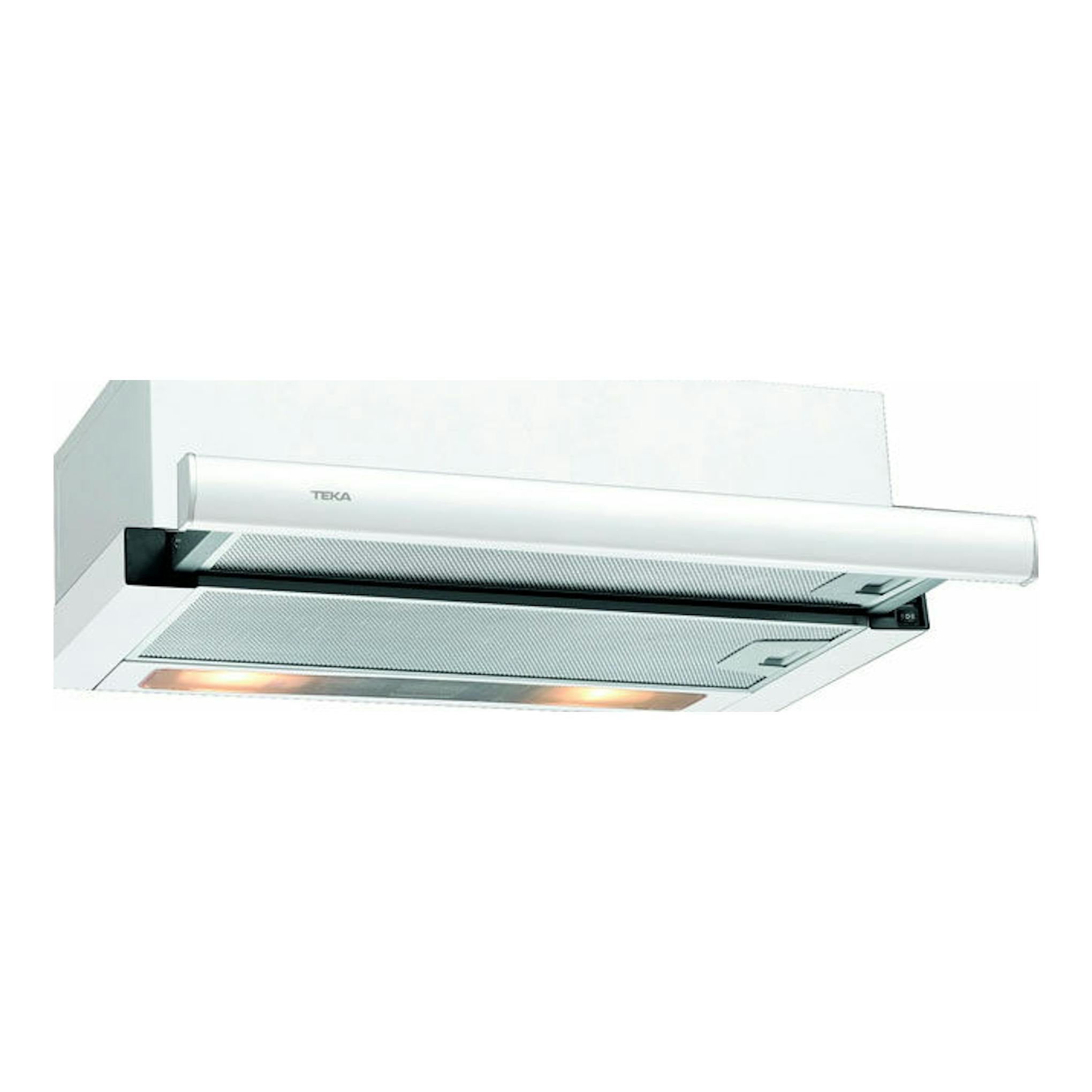 Campana extraíble Teka TL 6310 blanca, vista inferior en ángulo, con luz encendida.