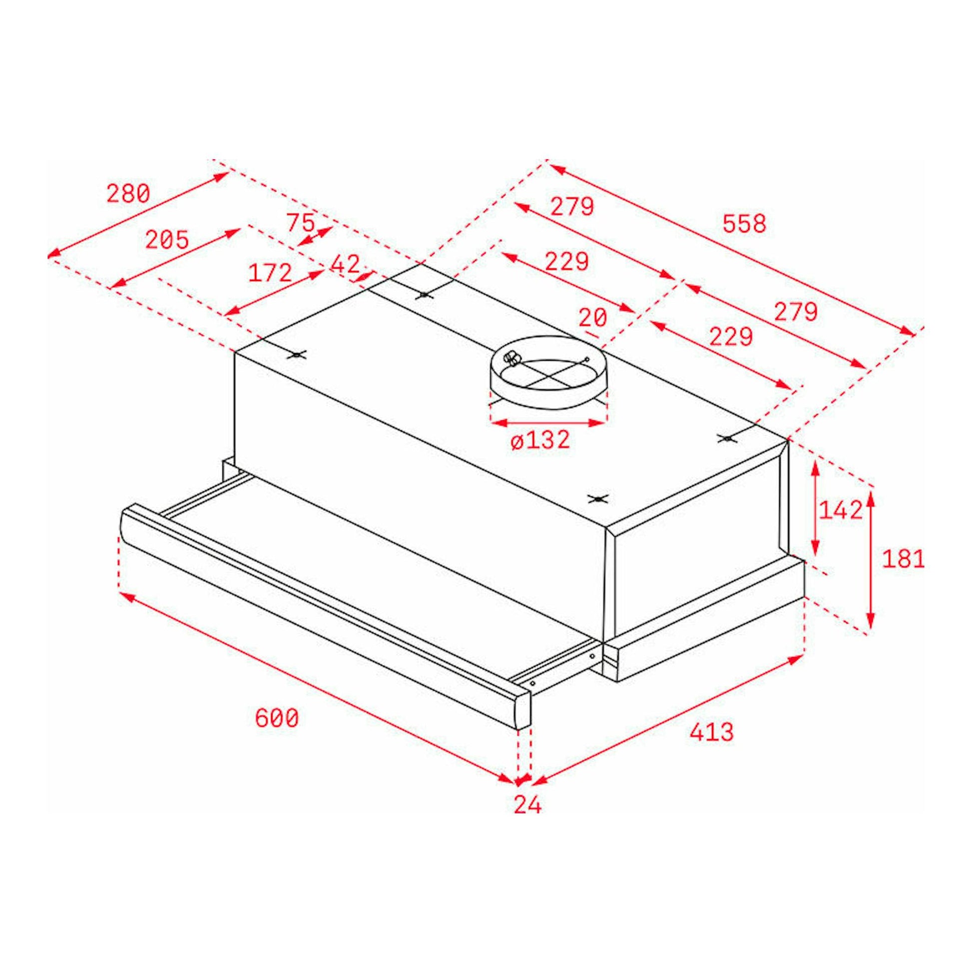 Campana extraíble Teka TL 6310 Inox, esquema técnico en perspectiva con medidas.