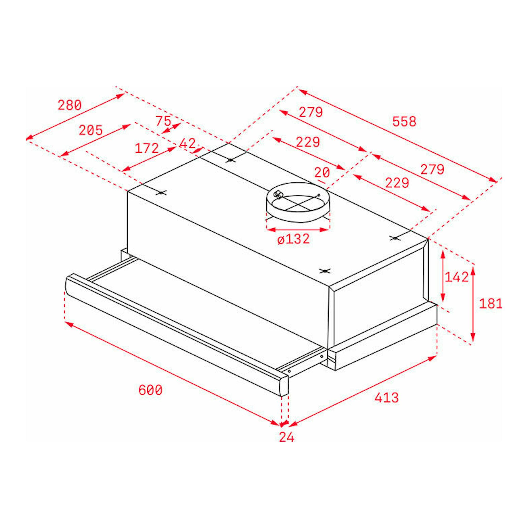 Campana extraíble Teka TL 6310 Inox, esquema técnico en perspectiva con medidas.