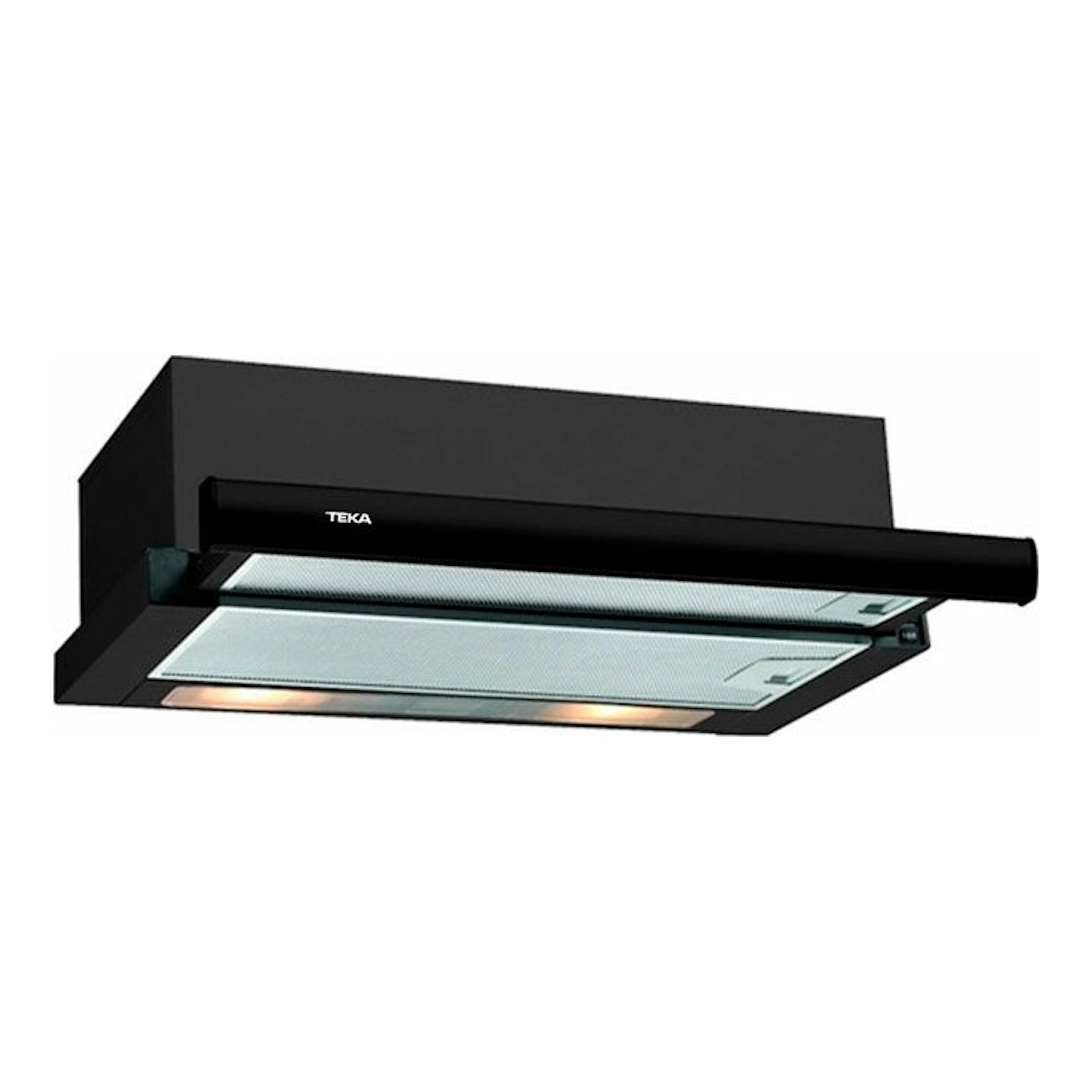 Campana extraíble Teka TL 6310 negra, vista en ángulo inferior con panel frontal desplegado.