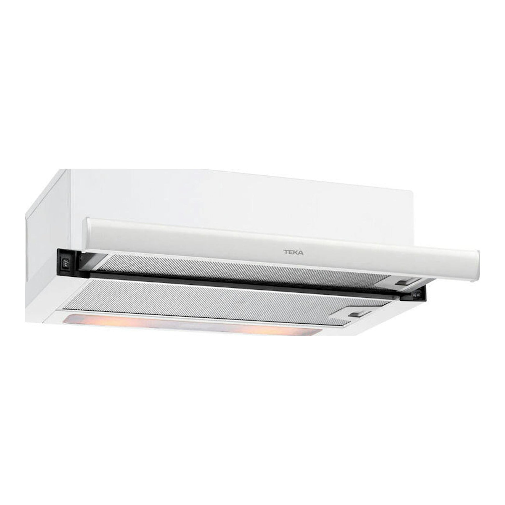 Campana extractible Teka TL 6420 blanca, vista inferior en ángulo, con panel frontal extendido.