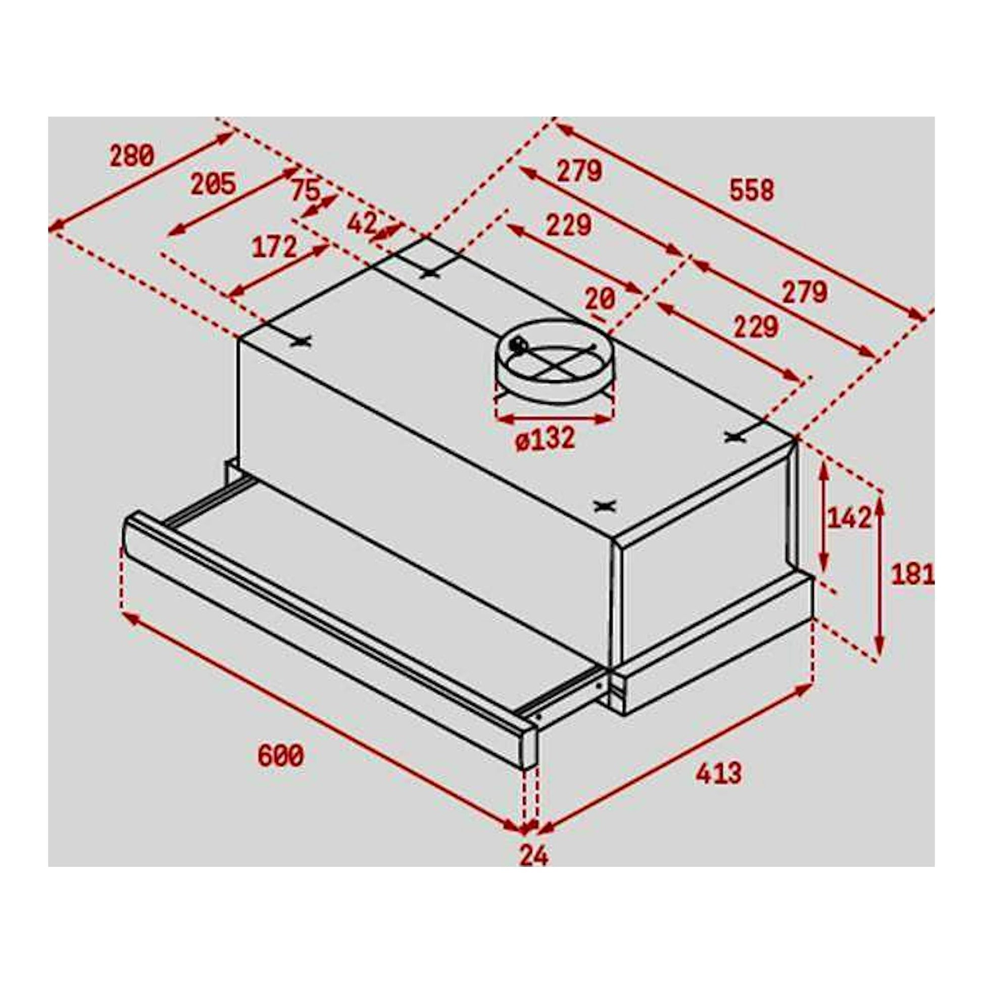 Campana extraíble Teka TL 6420 blanca, vista isométrica con plano técnico y cotas de medidas.