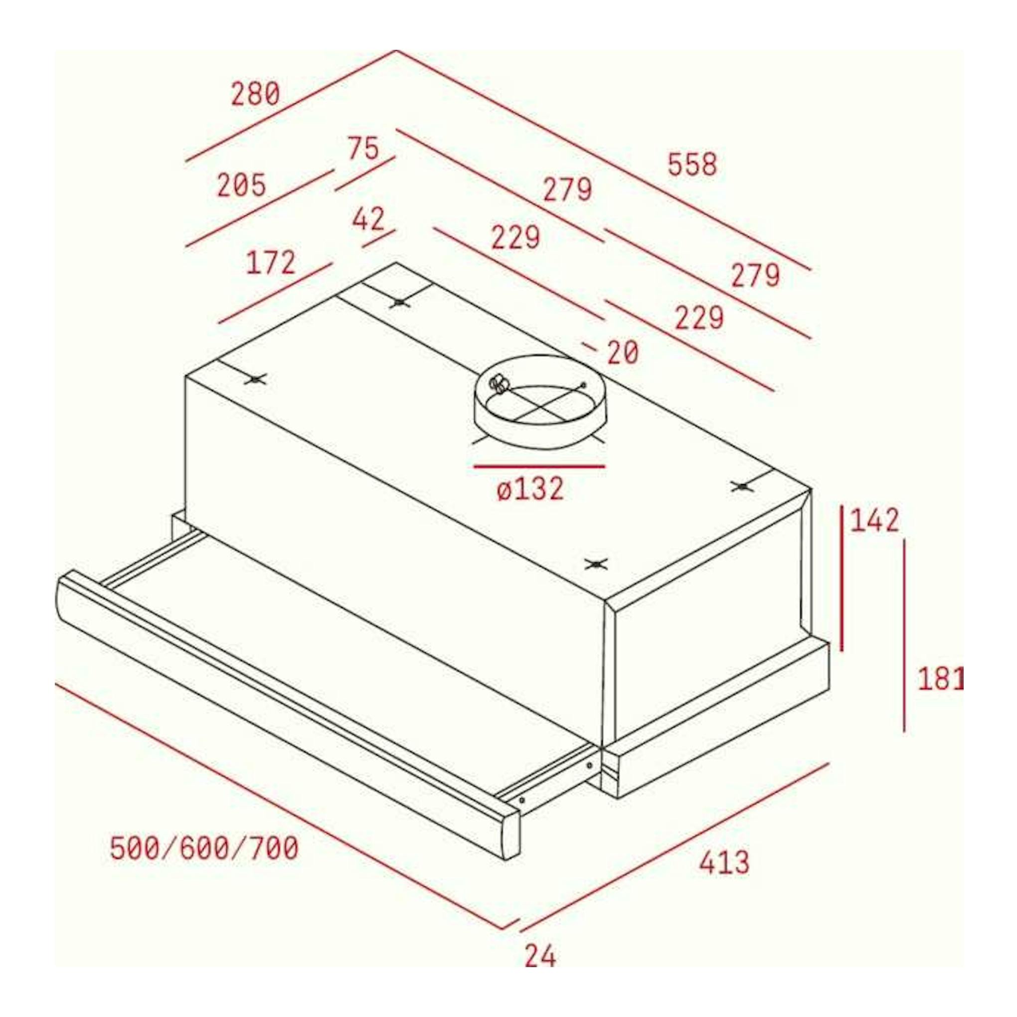 Esquema técnico de campana extraíble Teka TL1 52 Inox en vista isométrica, con medidas en rojo.