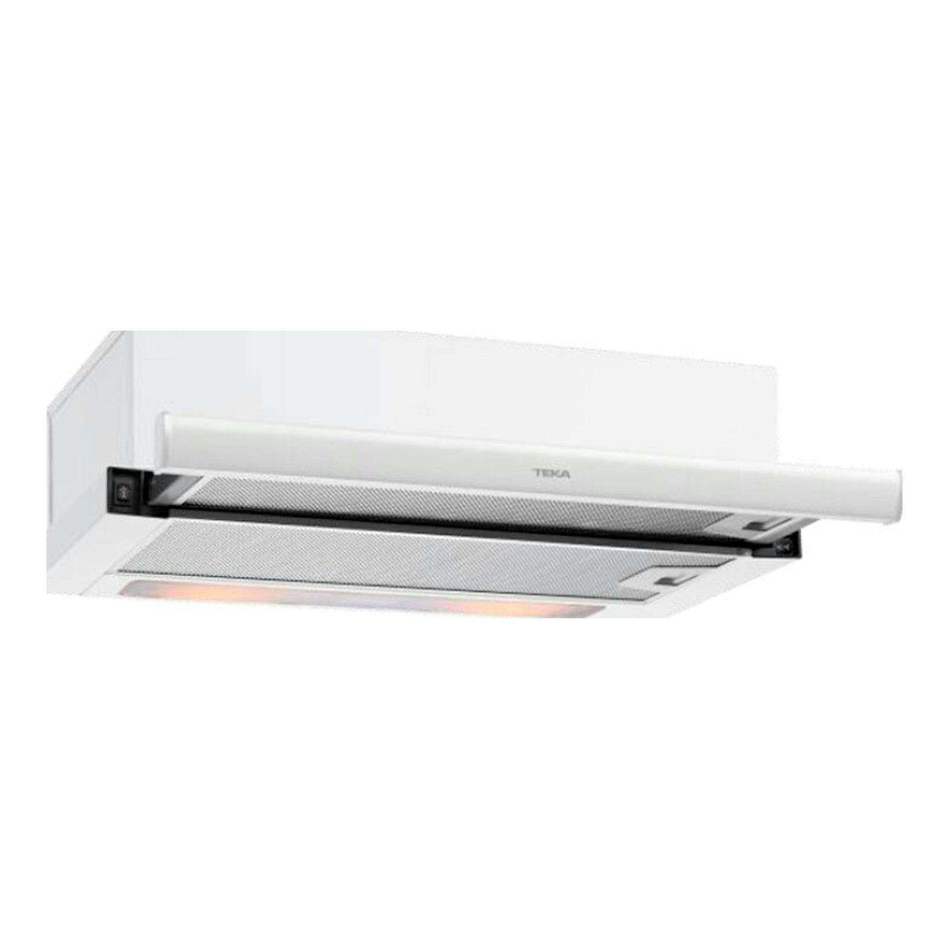 Campana extraíble Teka TL6420.2 WH blanca, vista frontal inferior, con panel extraído.