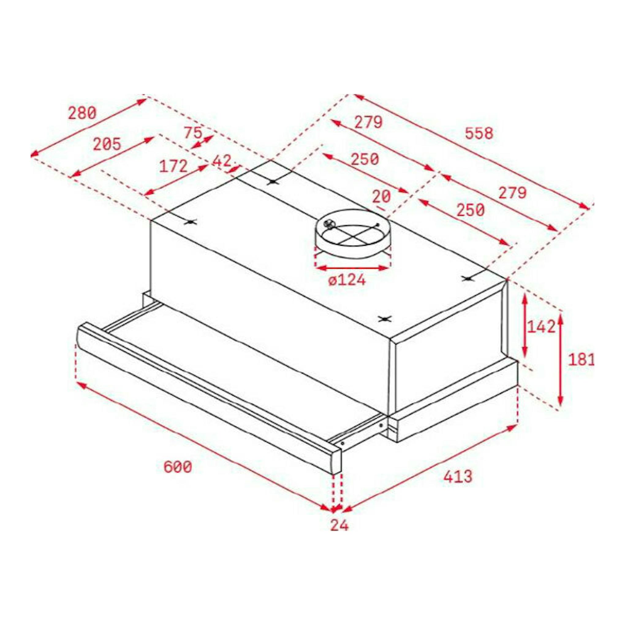 Campana extraíble Teka TL6420.2 WH blanca, vista isométrica técnica con medidas.