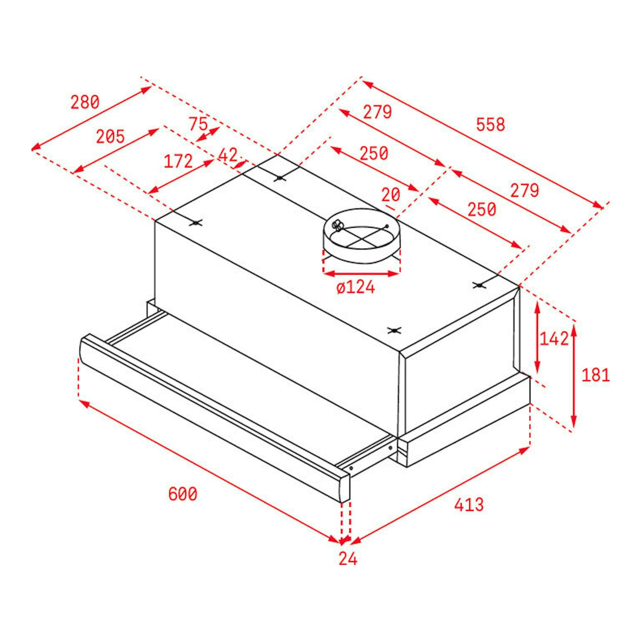 Esquema técnico de campana extraíble Teka TL6420.2 IX inox, vista isométrica con medidas y salida superior.