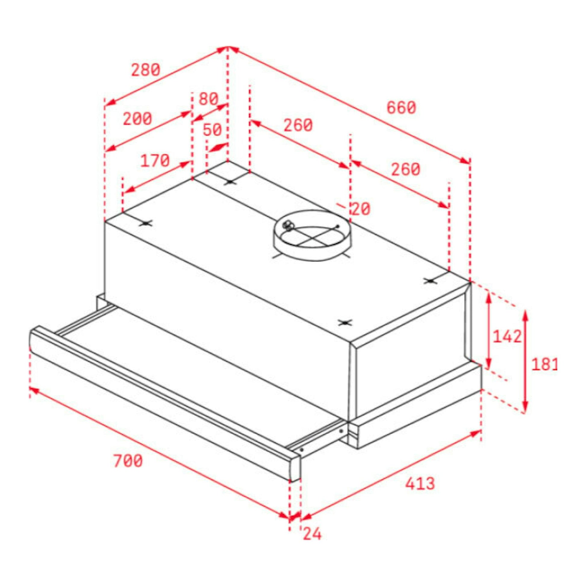 Dibujo técnico de campana extraíble Teka TL7420.2 IX en inox, vista isométrica con medidas.