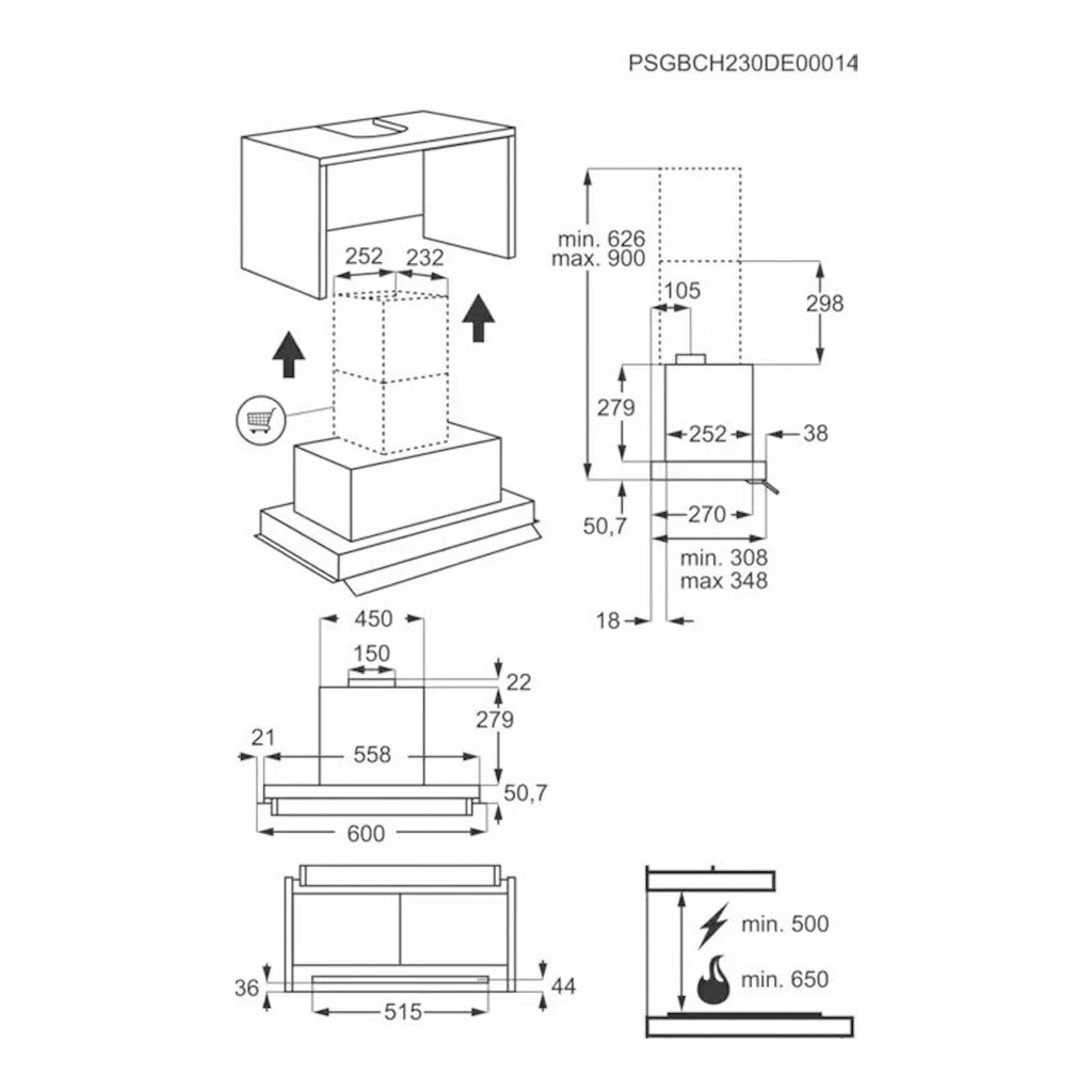 AEG GDE686HM: esquema técnico en blanco y negro de campana integrable de 60 cm, con vistas frontal y lateral y medidas.