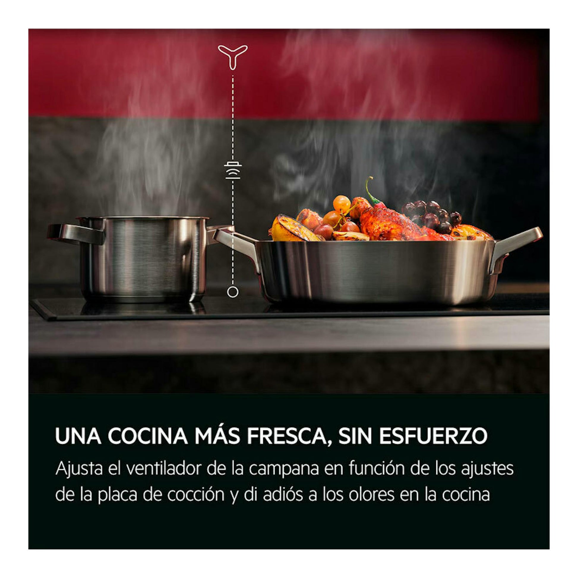 Imagen promocional de la campana integrable AEG GDE686HM 60 cm, con dos ollas y vapor sobre una placa.