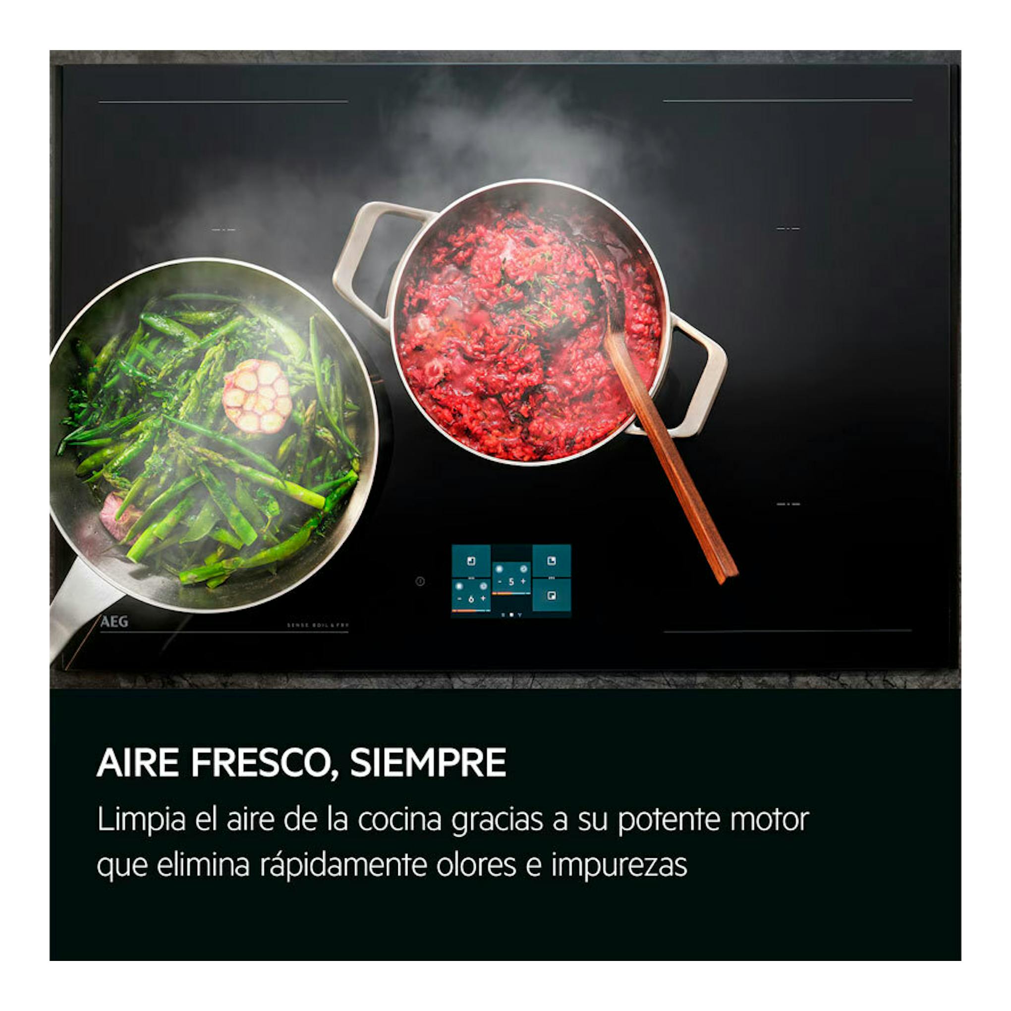 AEG GDE686HM, vista superior de placa negra con dos ollas y vapor.
