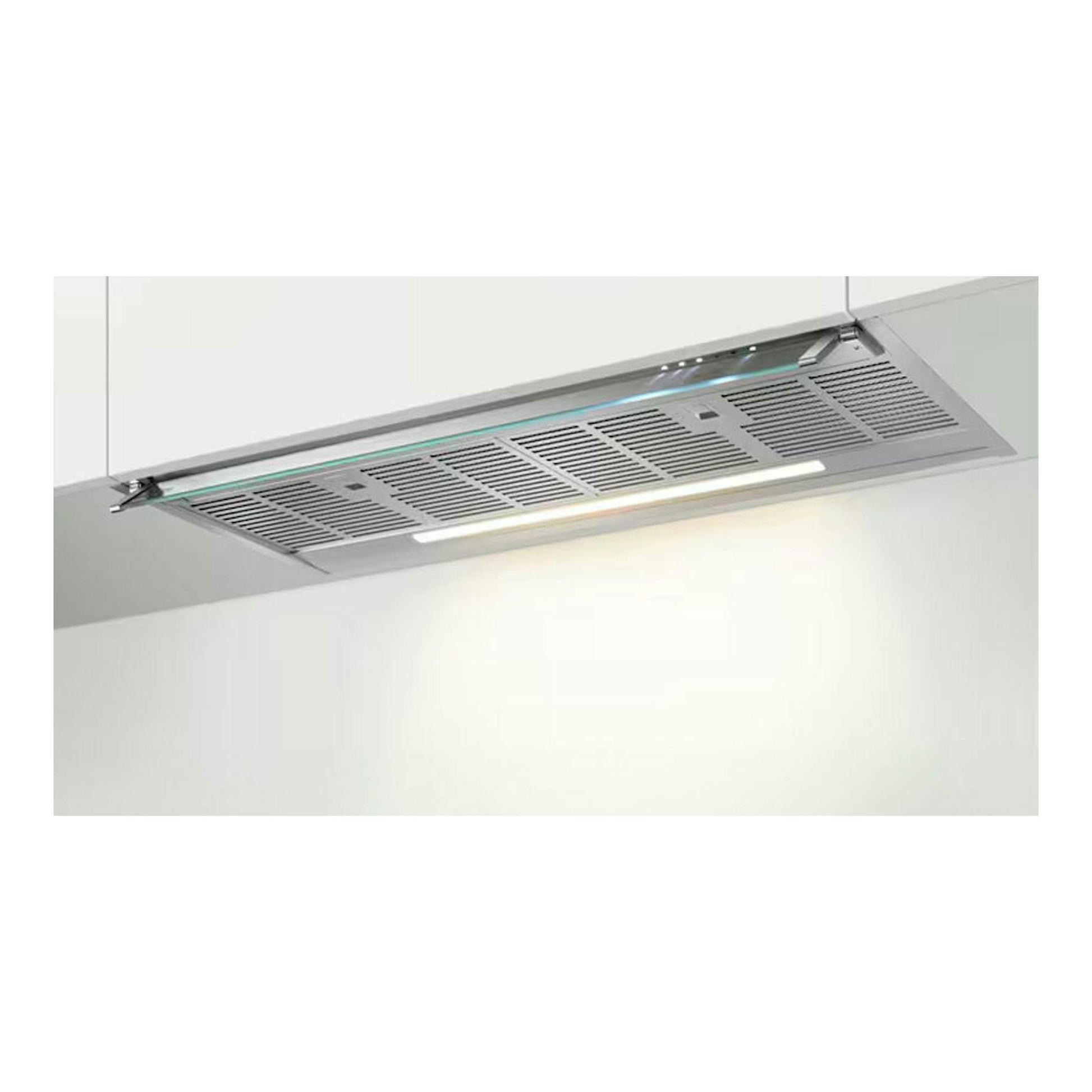 Campana integrable AEG GDE689HM de 90 cm, vista inferior en acero inoxidable, con rejillas y luz.