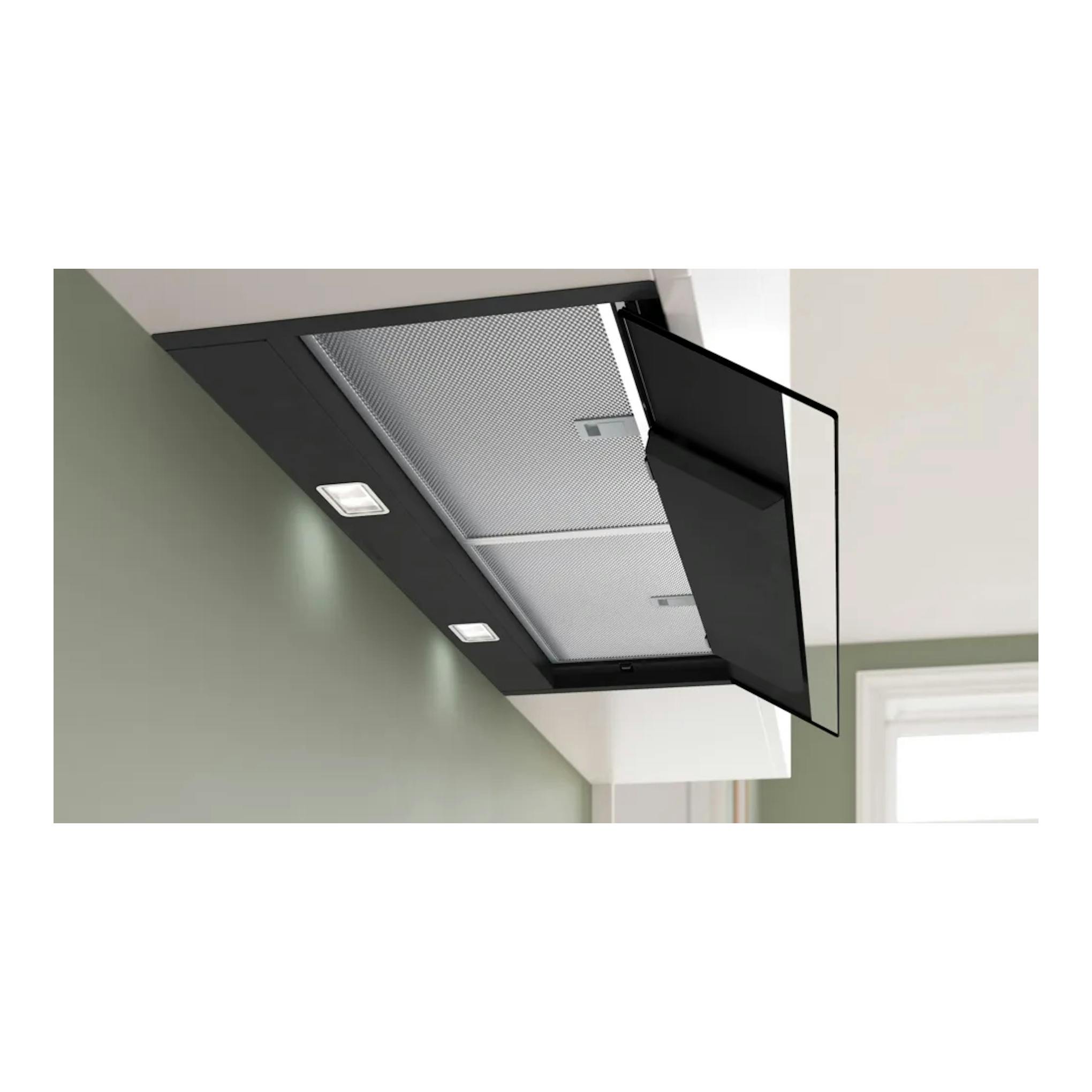 Campana integrable Bosch DBB97DP60, 90 cm, negra mate, vista inferior en ángulo con panel abatido.