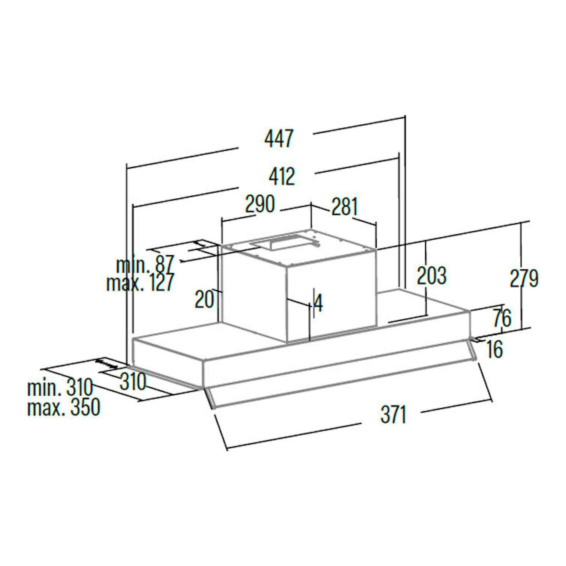Plano técnico de campana integrable Cata ARMONIA 45 cm inox, vista en perspectiva con medidas.