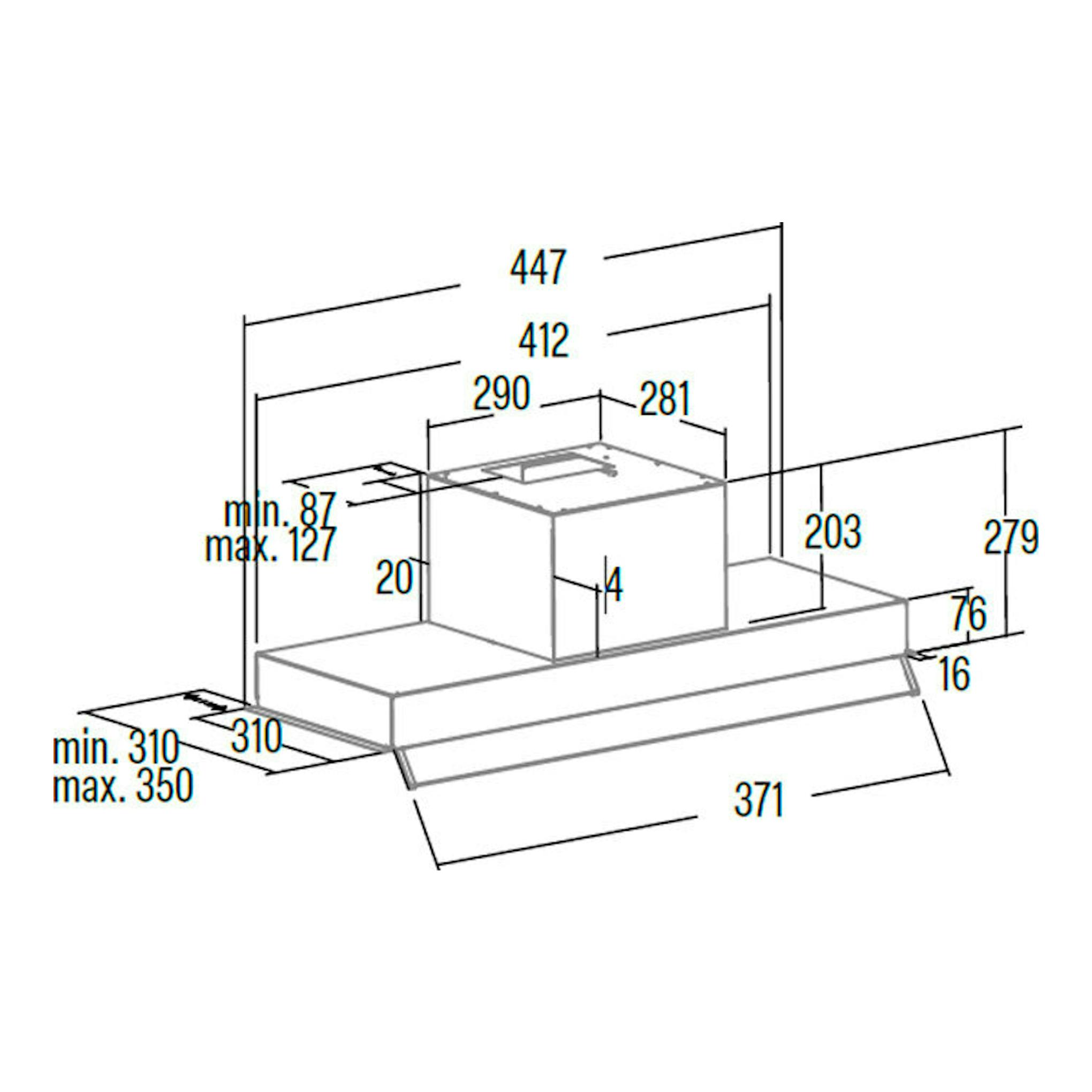 Plano técnico de campana integrable Cata ARMONIA 45 cm inox, vista en perspectiva con medidas.
