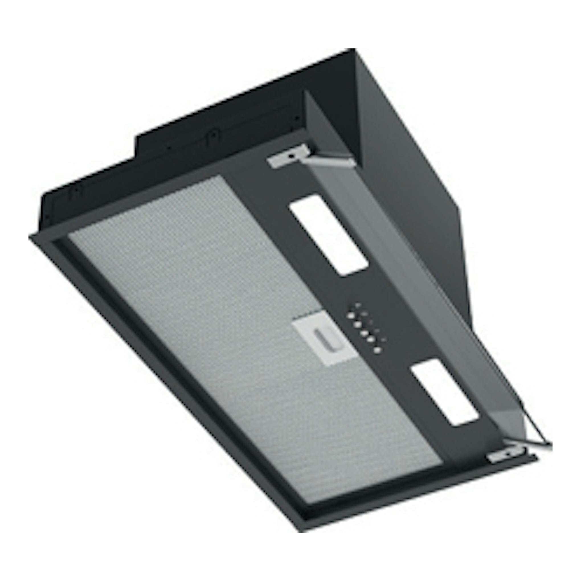 Campana integrable Cata ARMONIA 60 BK negra, vista inferior en ángulo, con panel metálico y luces LED.