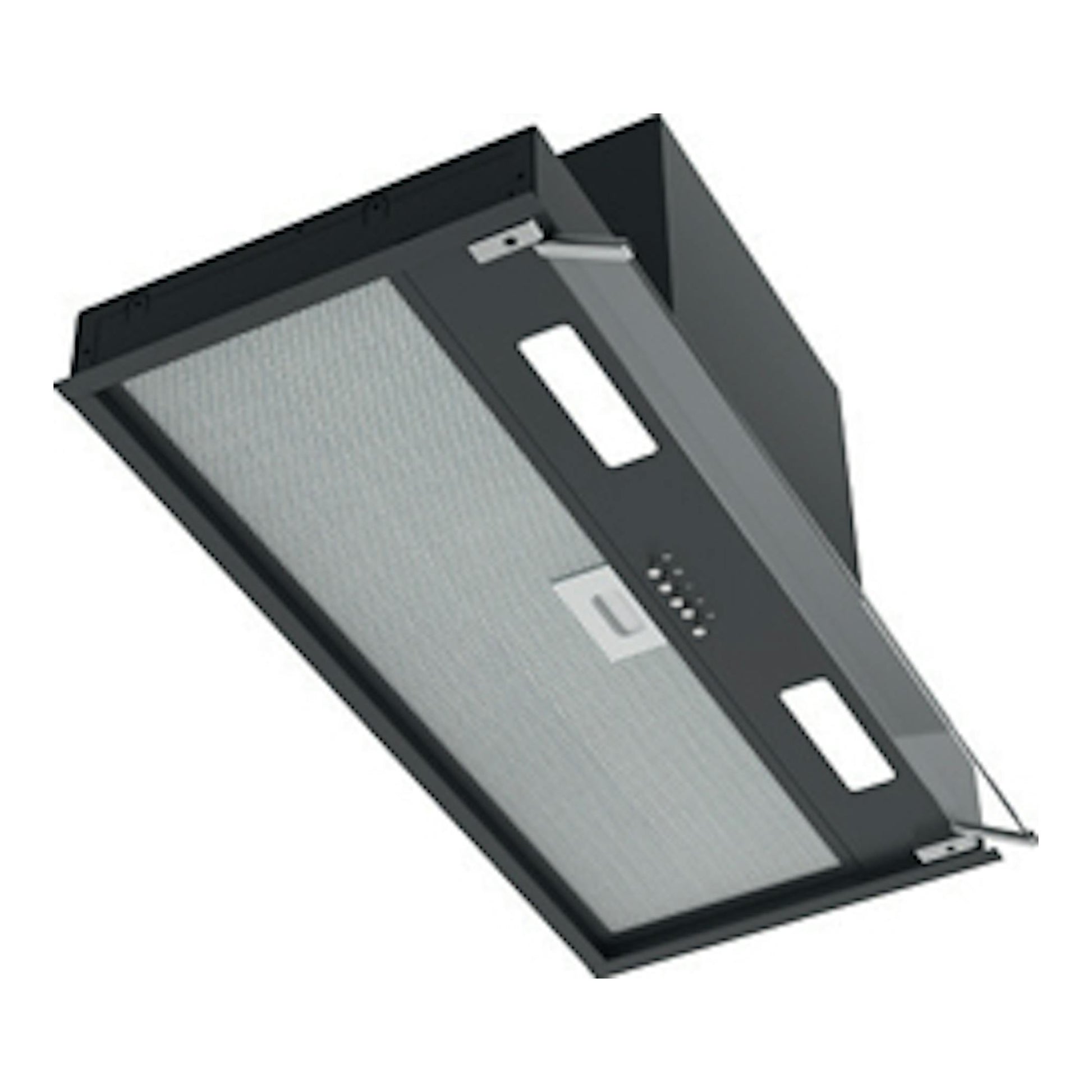 Campana integrable Cata ARMONIA 70 BK negra, vista inferior en ángulo, con panel metálico.