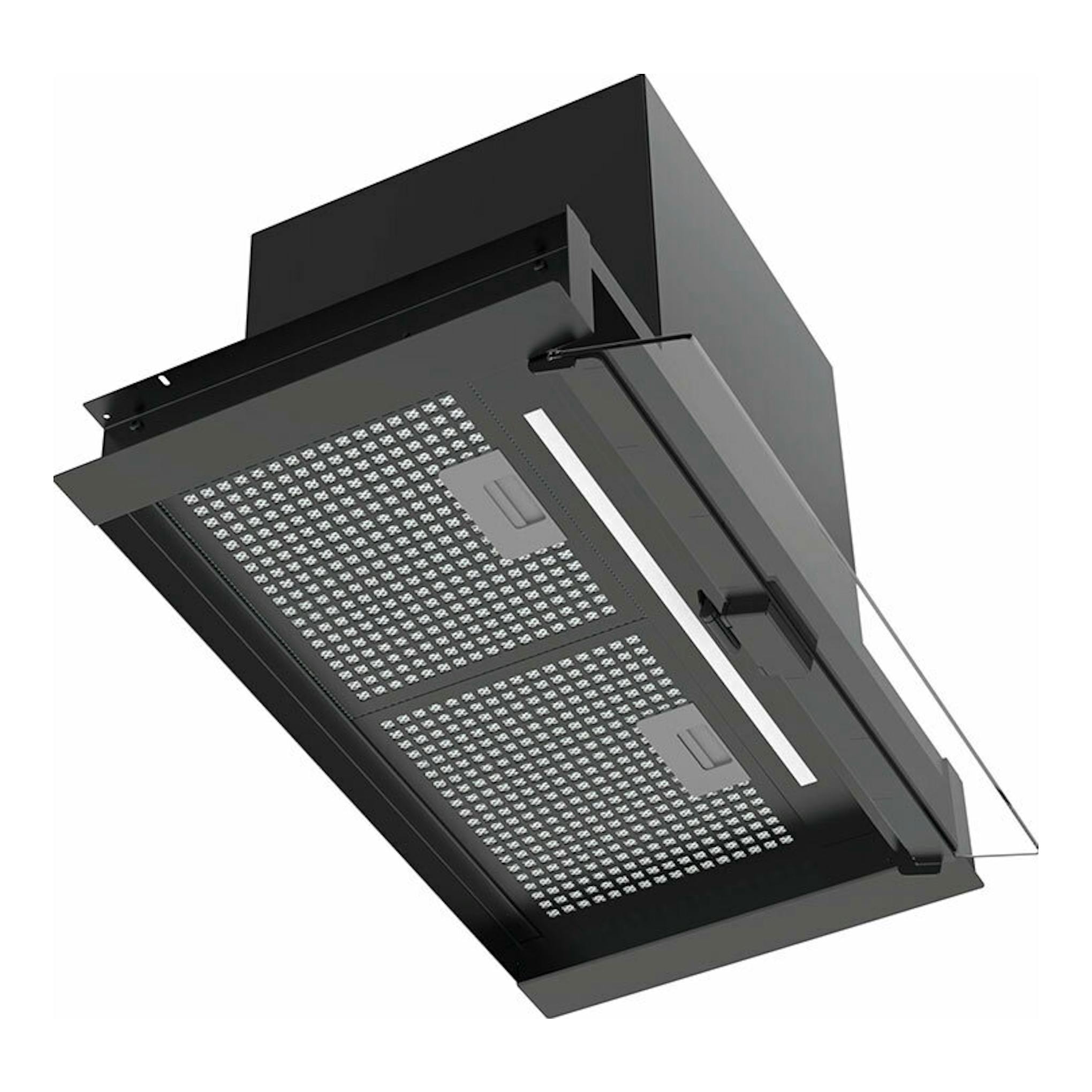 Campana integrable Cata Arona 60BK negra, vista inferior en ángulo, con panel frontal abatible.