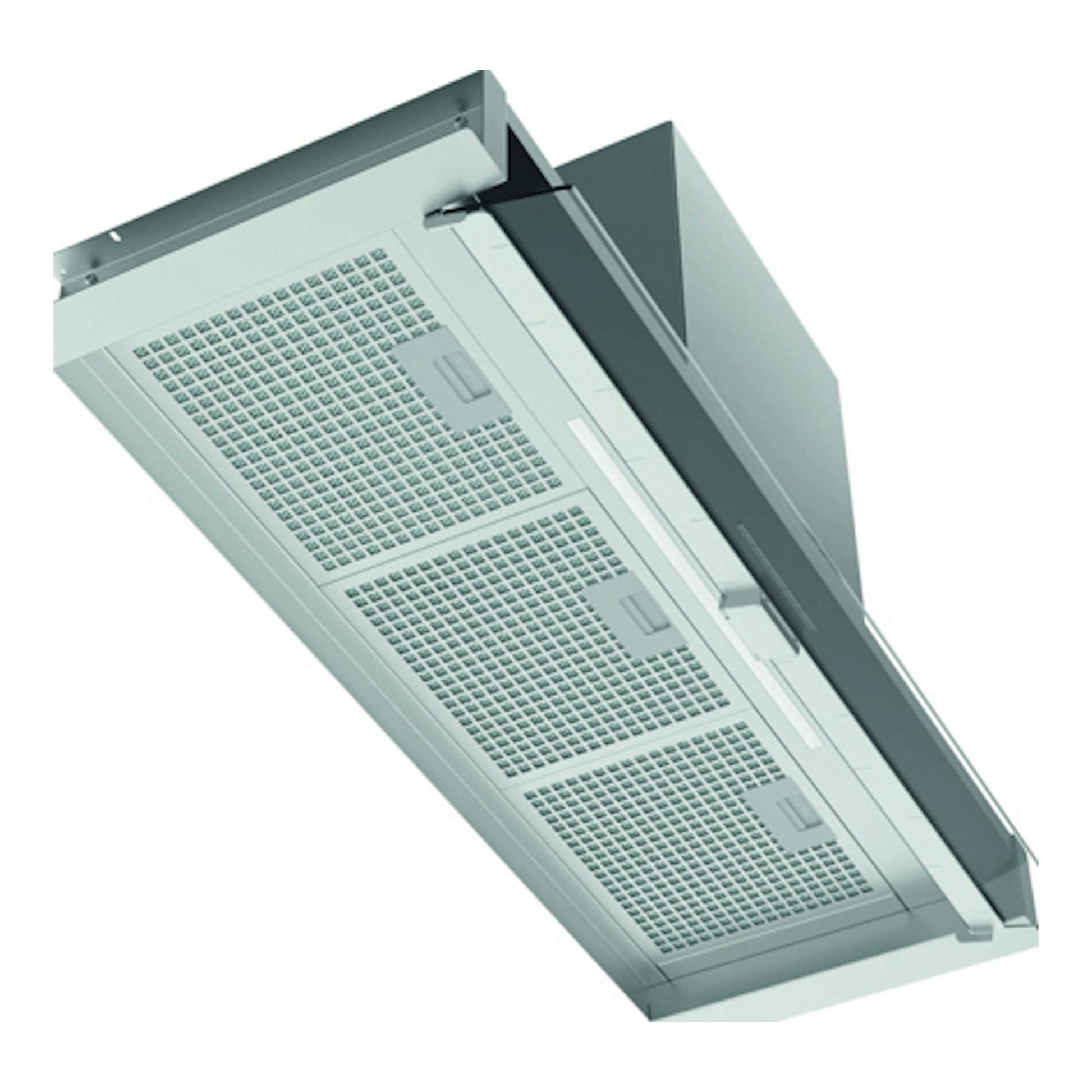 Campana integrable Cata ARONA 90 X en inox, vista inferior en ángulo, con tres filtros metálicos.