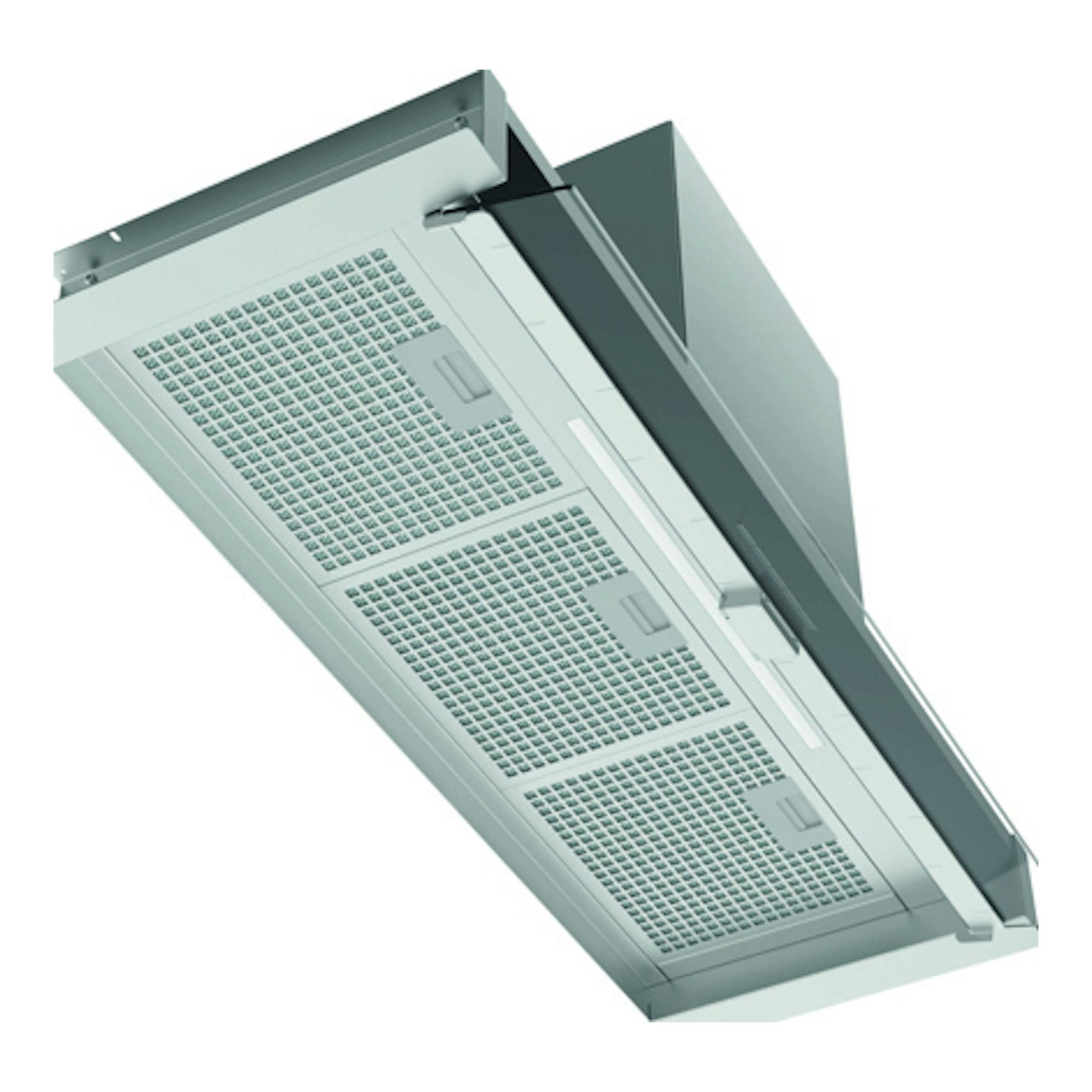 Campana integrable Cata ARONA 90 X en inox, vista inferior en ángulo, con tres filtros metálicos.