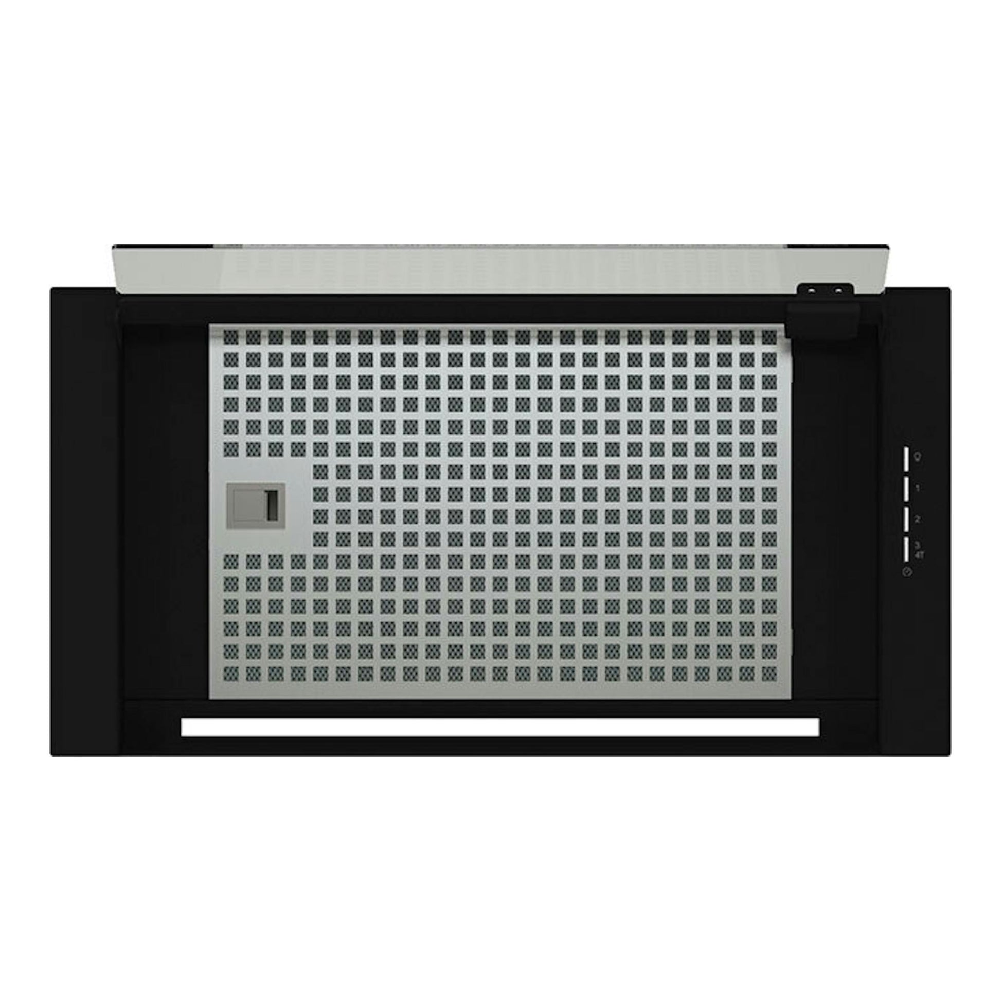 Campana integrable Cata Corona BK60 negra, vista frontal, con panel metálico perforado y controles laterales.