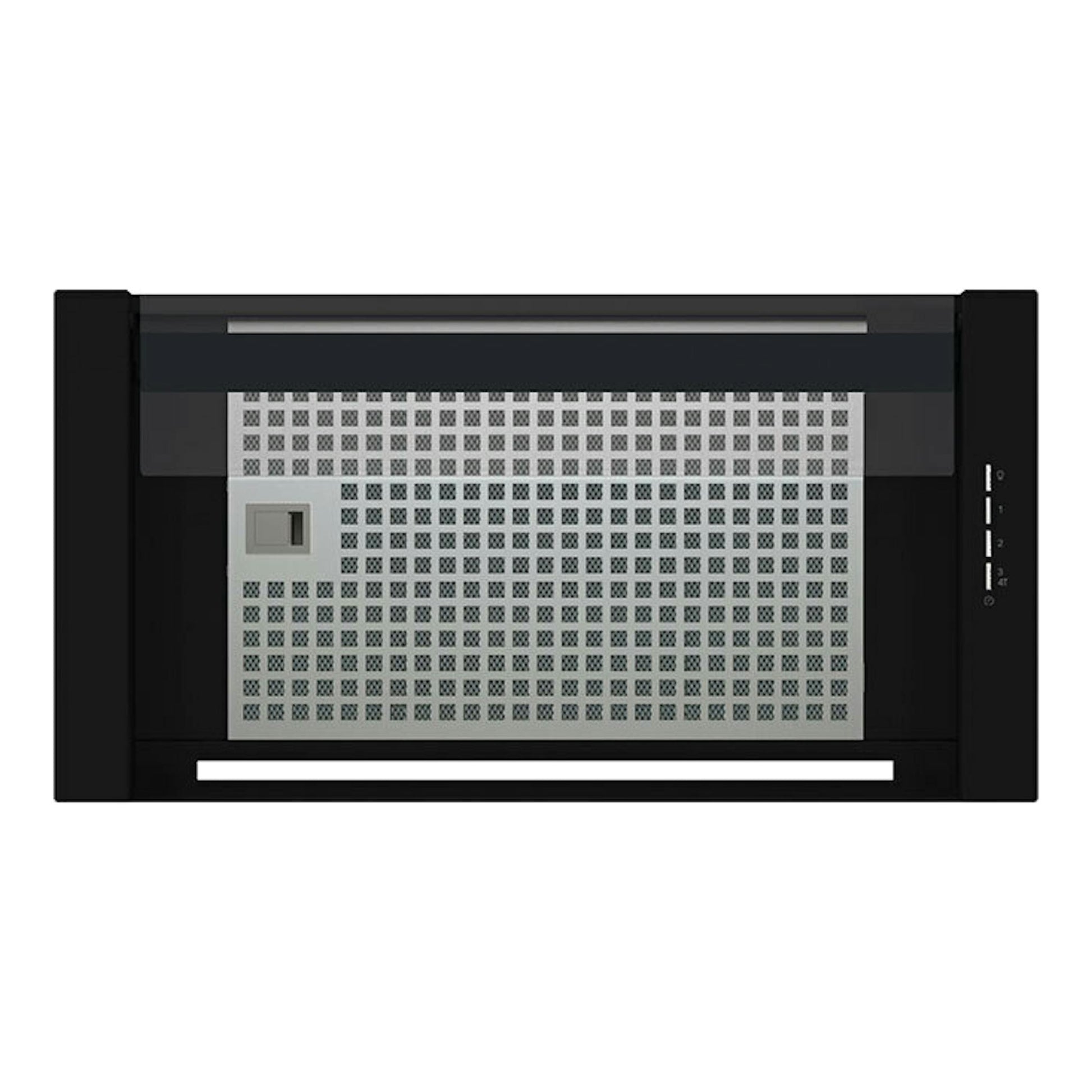 Campana integrable Cata Corona BK60 negra, vista frontal, panel negro con filtro metálico.
