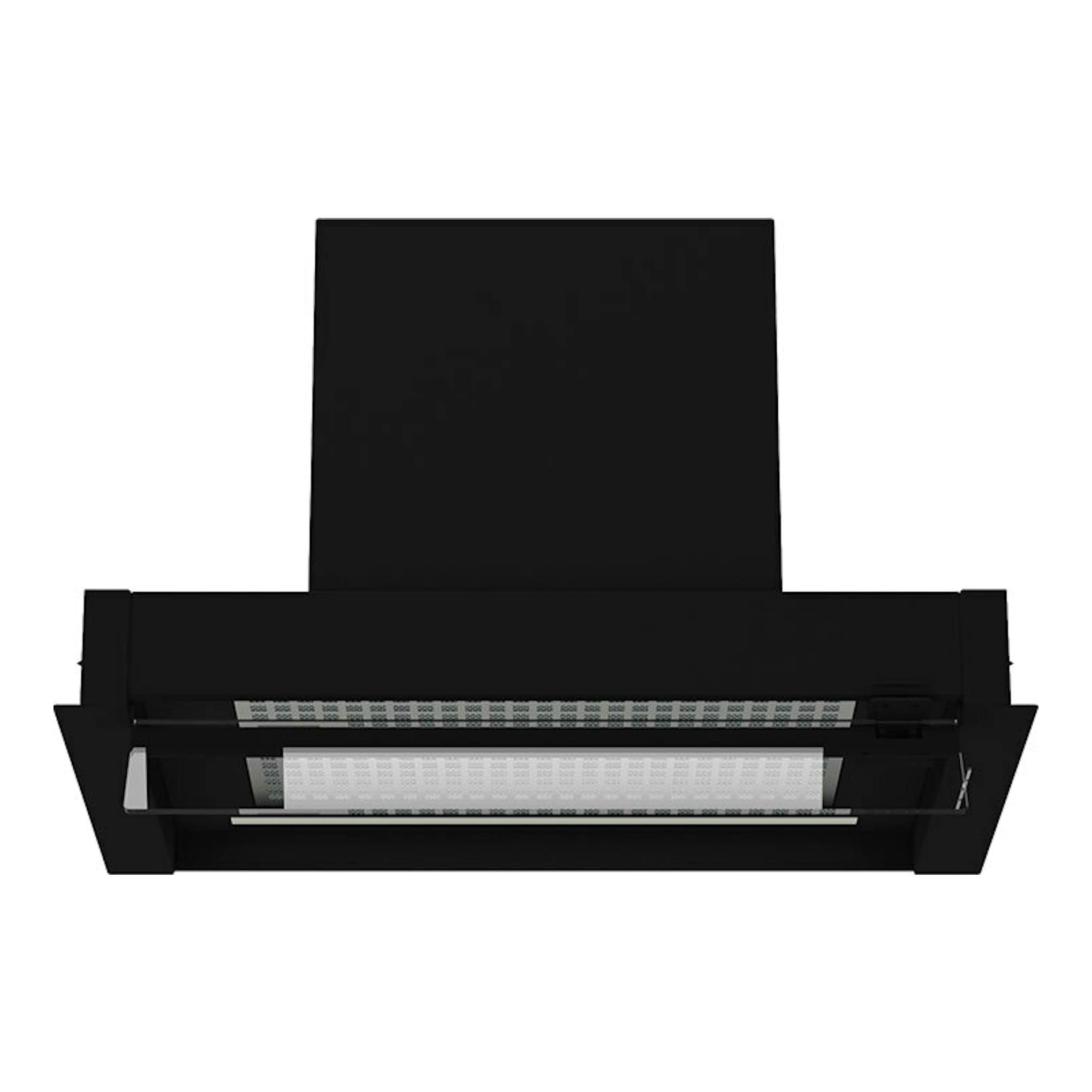Campana integrable Cata Corona BK60 negra, vista frontal, con frontal abatible y filtro metálico.