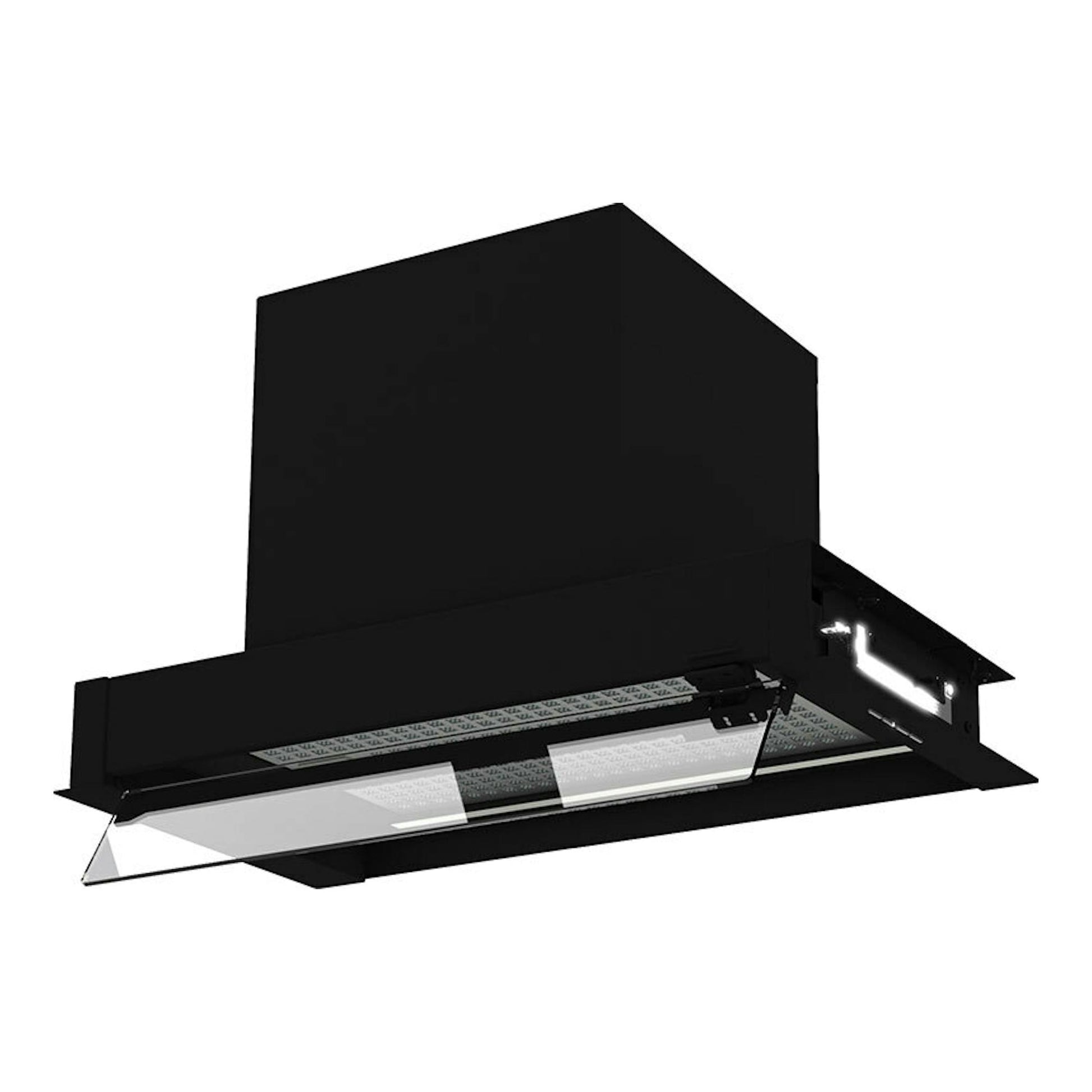 Campana extractora integrable Cata Corona BK60 negra, vista inferior y lateral en ángulo.